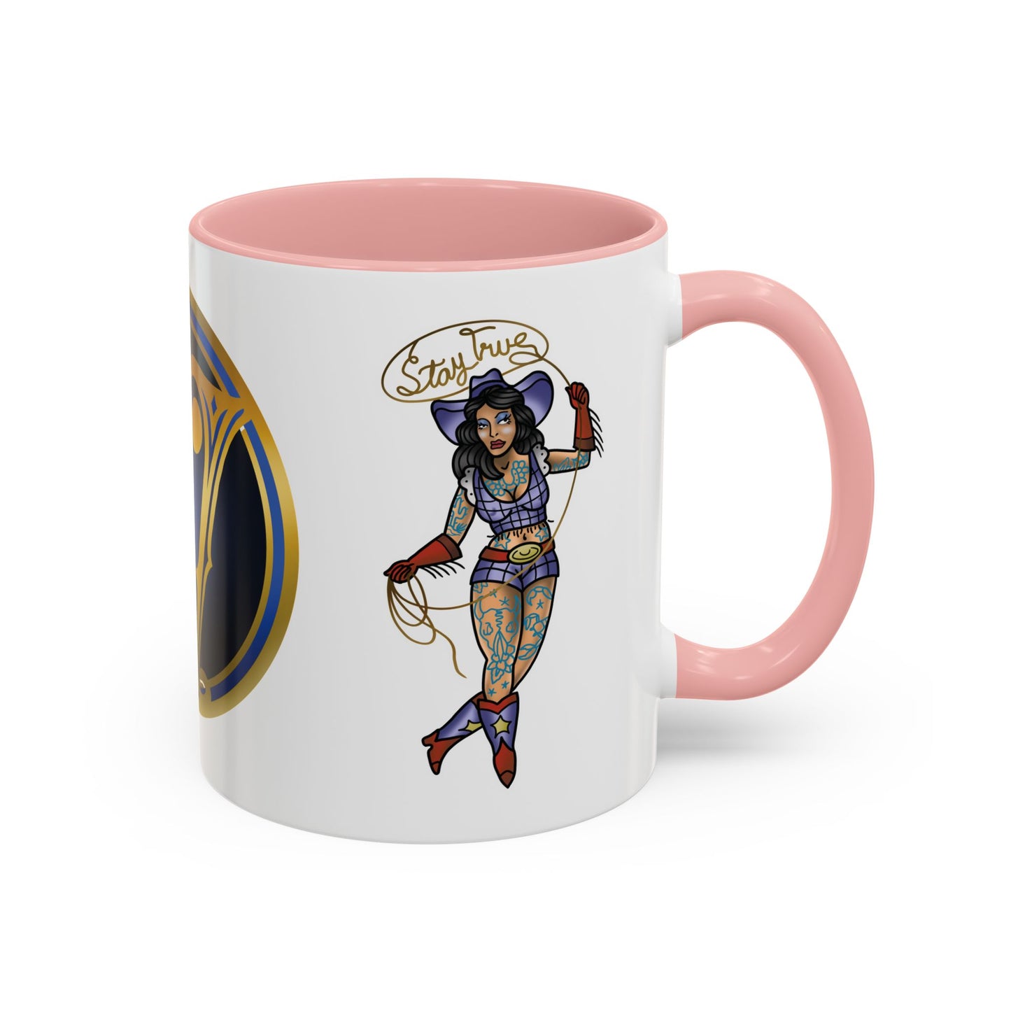 Accent Coffee Mug — Vintage Gold 'V' Monogram & Pin-Up Cowgirl Illustration (11oz/15oz)