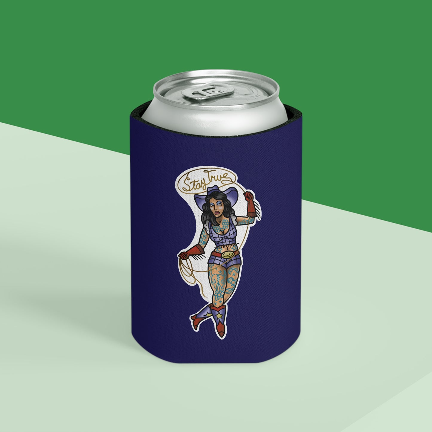 Can Cooler — Retro Tattoo Pinup Girl Design "Stay True"