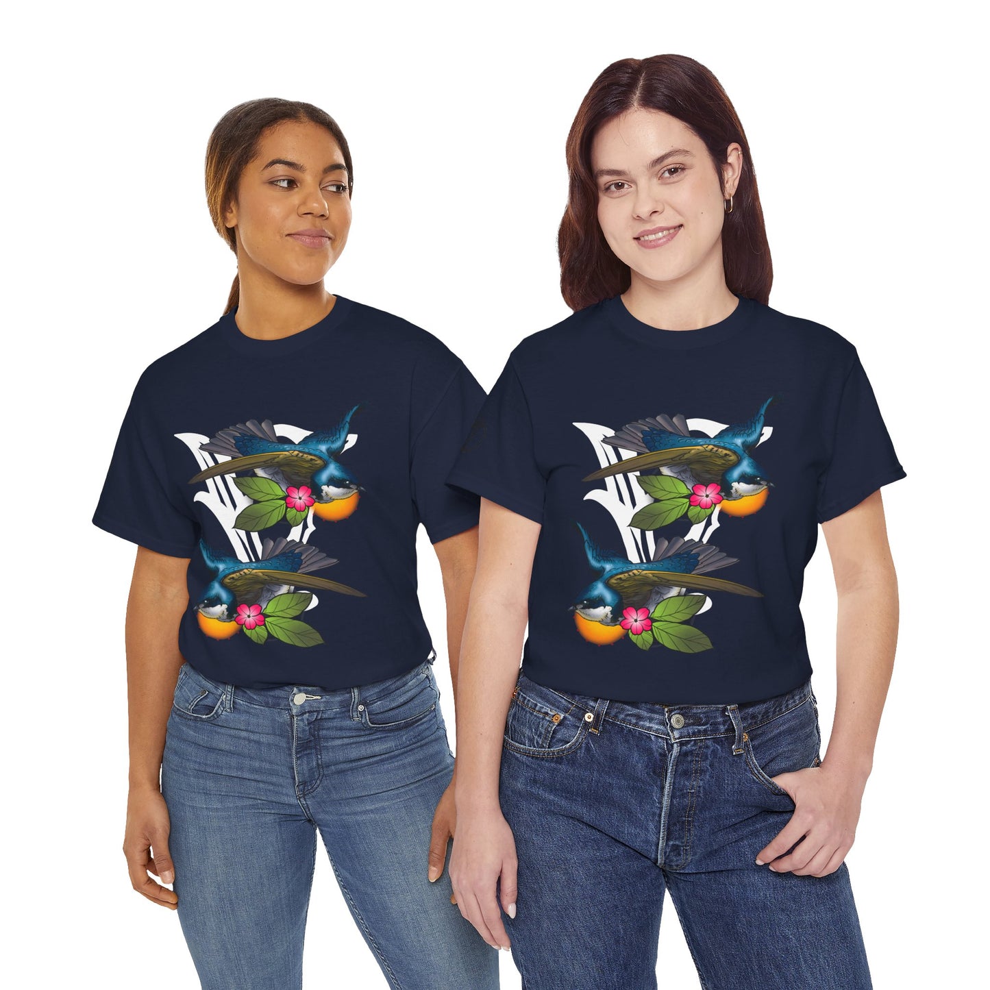 Bird Skull & Swallow Art Tee — Vibrant Blue Bird Illustration T-Shirt