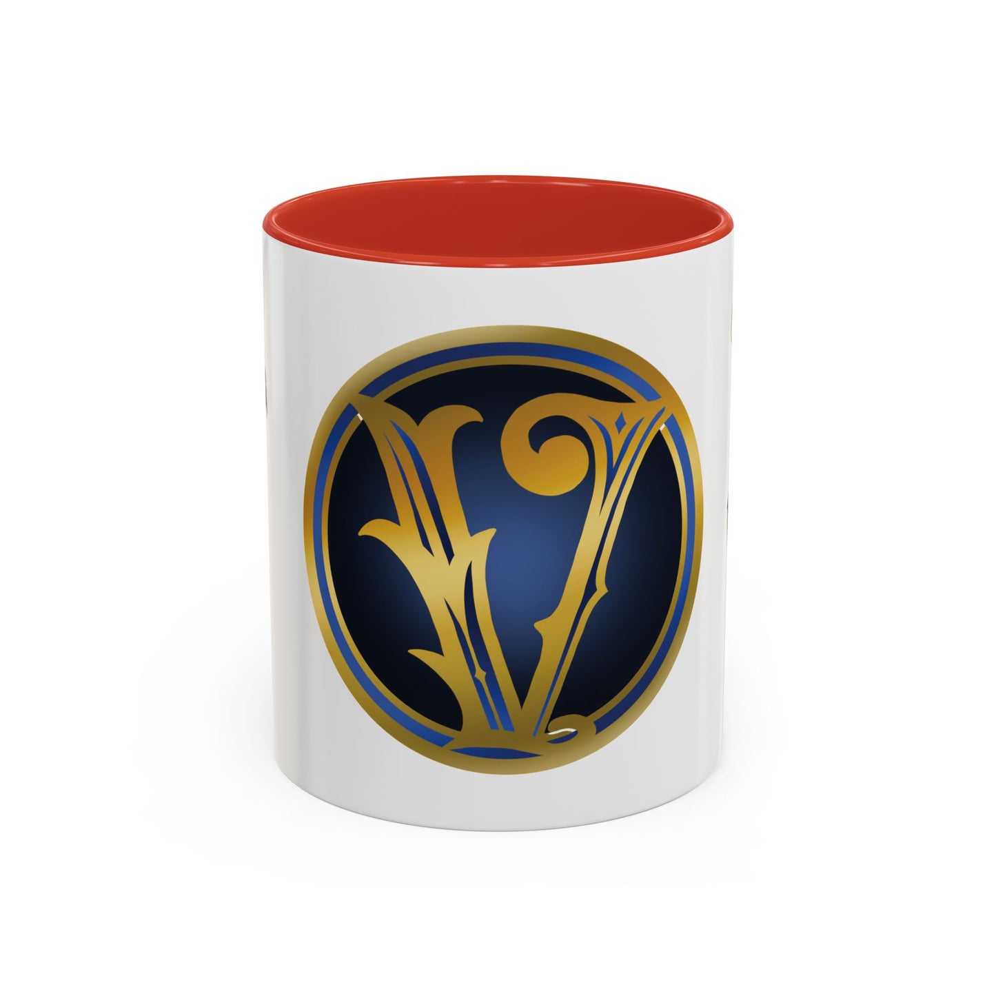 Accent Coffee Mug — Vintage Gold 'V' Monogram & Pin-Up Cowgirl Illustration (11oz/15oz)