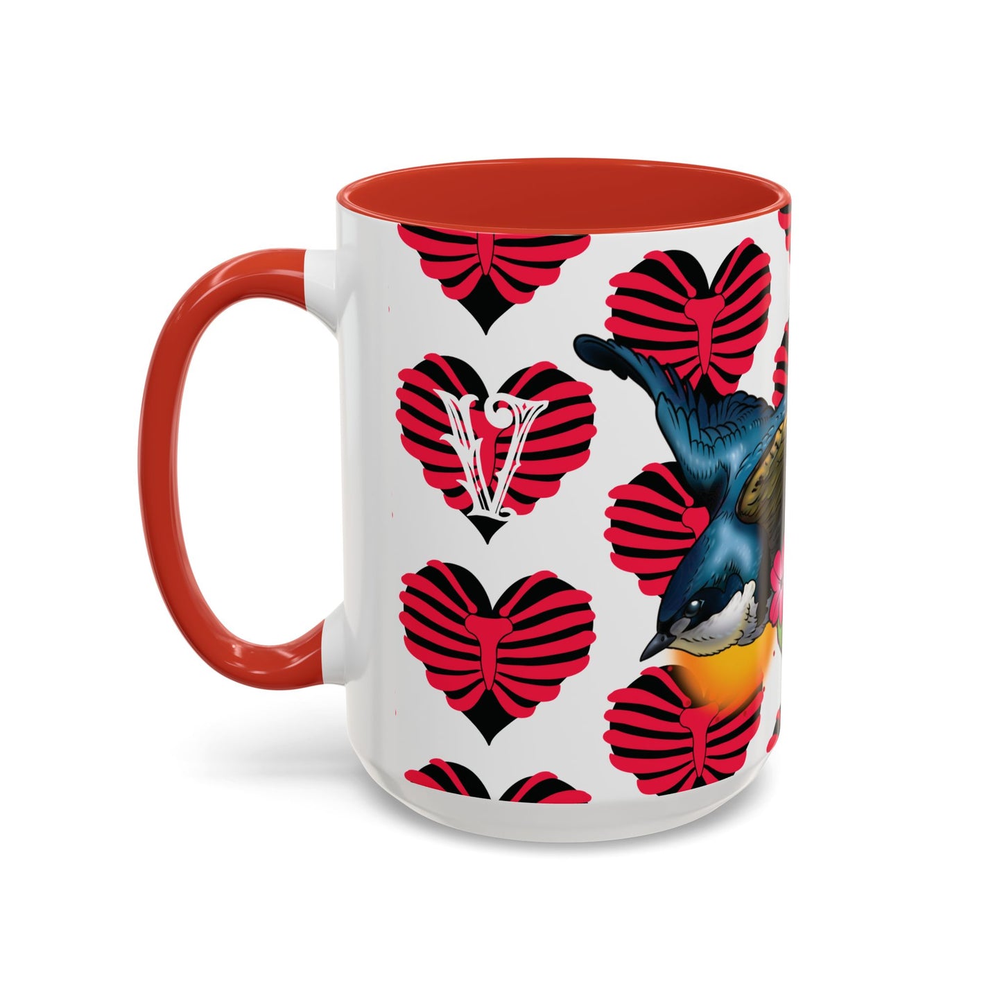 Bird & Hearts Accent Coffee Mug – Colorful Songbird Pattern (11/15oz)