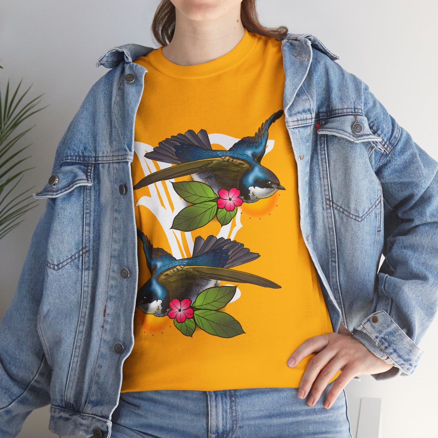 Bird Skull & Swallow Art Tee — Vibrant Blue Bird Illustration T-Shirt