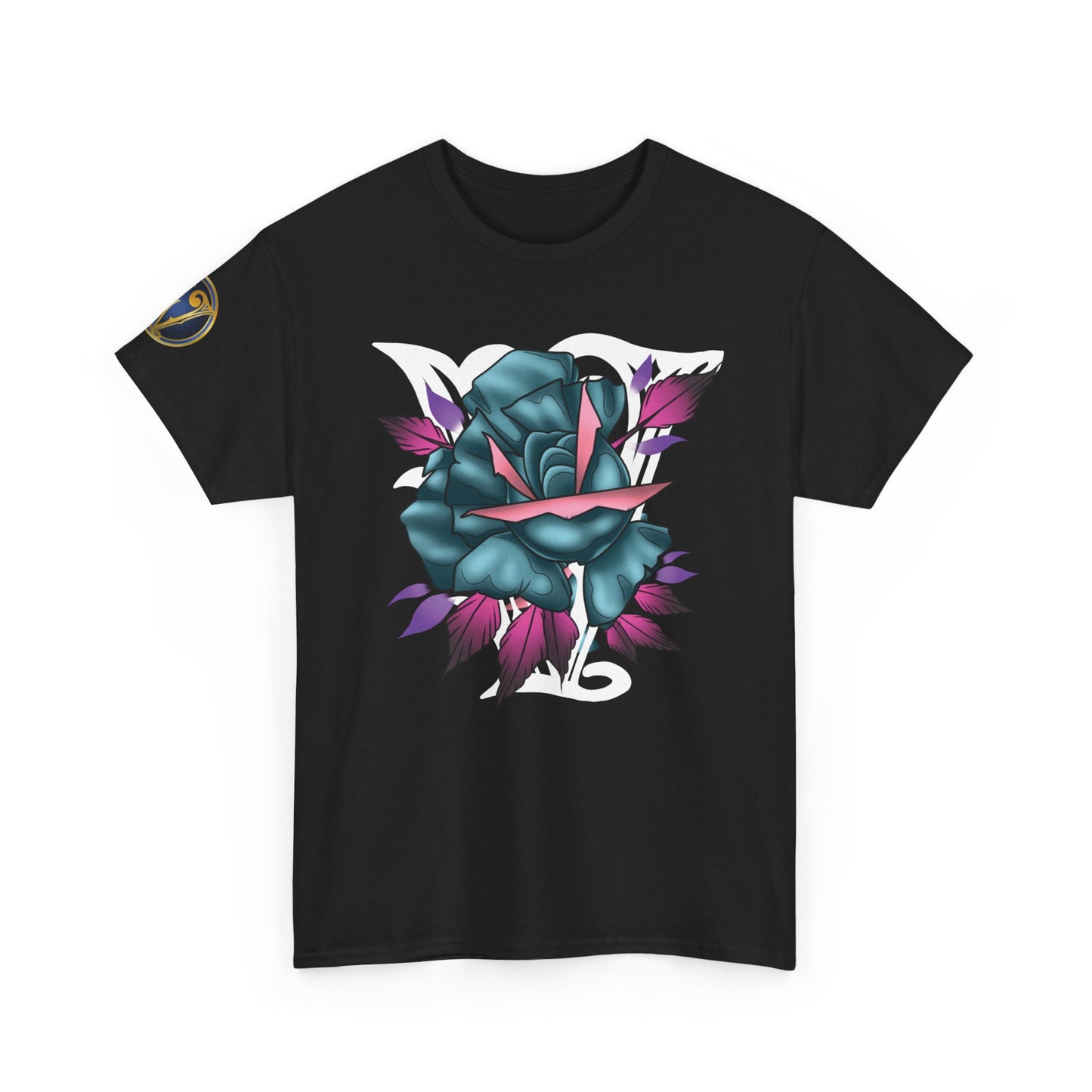 Blue & Pink Rose Graphic Tee — Vintage Floral Tattoo Shirt