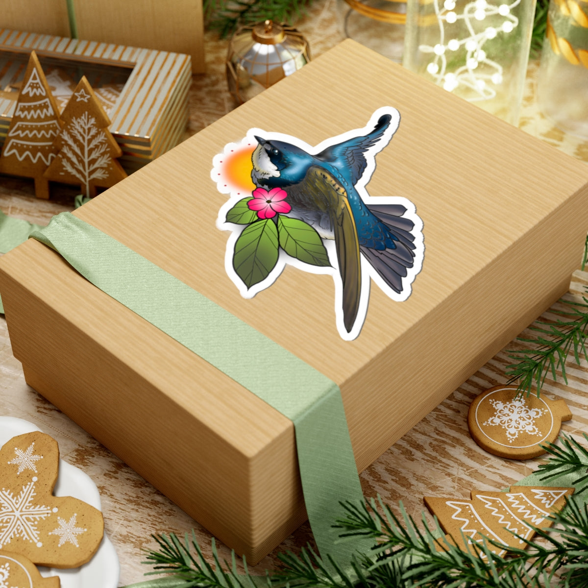 Blue Wren Bird Sticker — Floral Sunrise Kiss-Cut Vinyl Decal