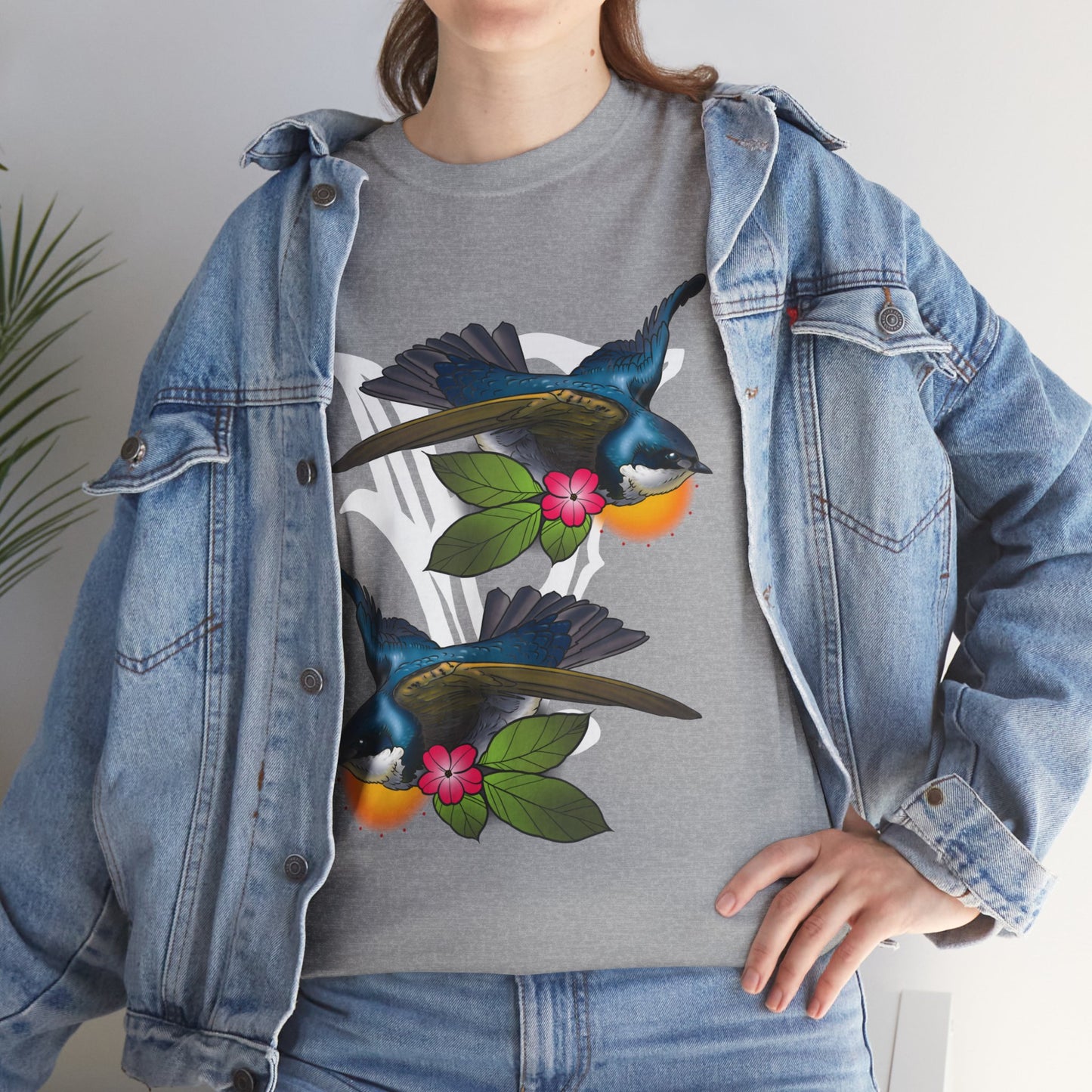 Bird Skull & Swallow Art Tee — Vibrant Blue Bird Illustration T-Shirt