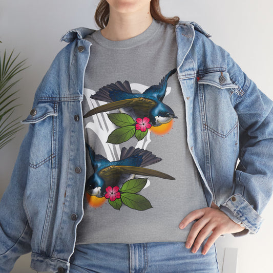 Bird Skull & Swallow Art Tee — Vibrant Blue Bird Illustration T-Shirt
