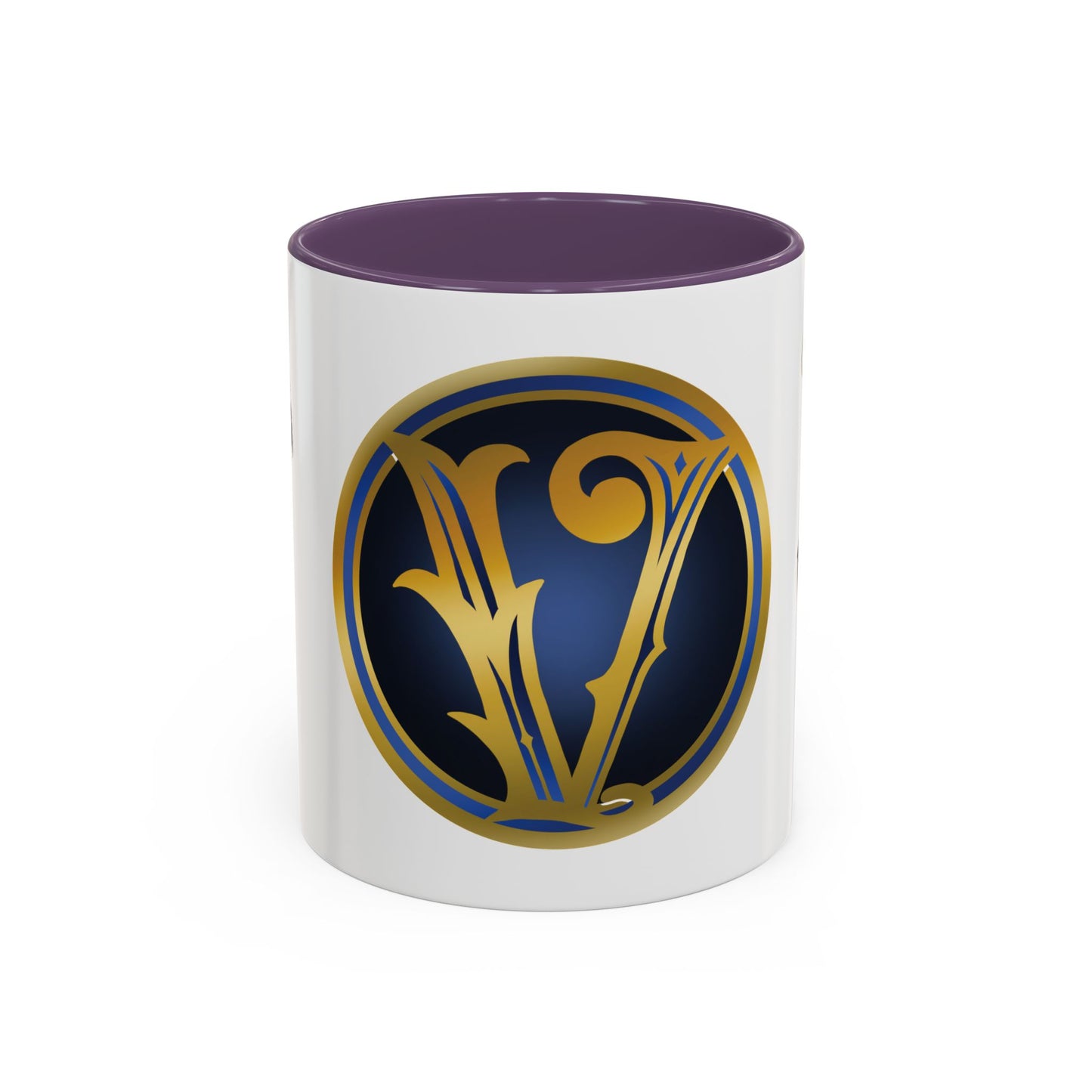 Accent Coffee Mug — Vintage Gold 'V' Monogram & Pin-Up Cowgirl Illustration (11oz/15oz)