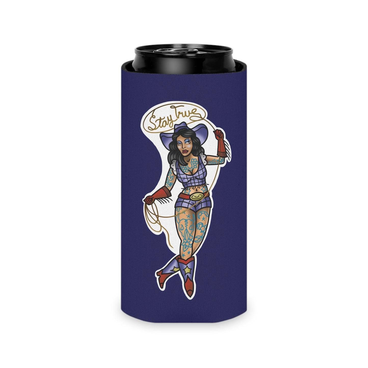 Can Cooler — Retro Tattoo Pinup Girl Design "Stay True"