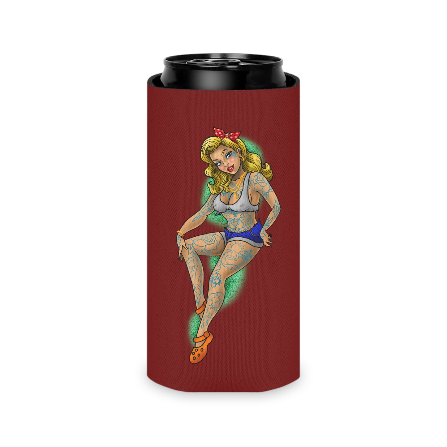 Tattoo Pin-Up Can Cooler – Retro Rockabilly Girl Beverage Koozie
