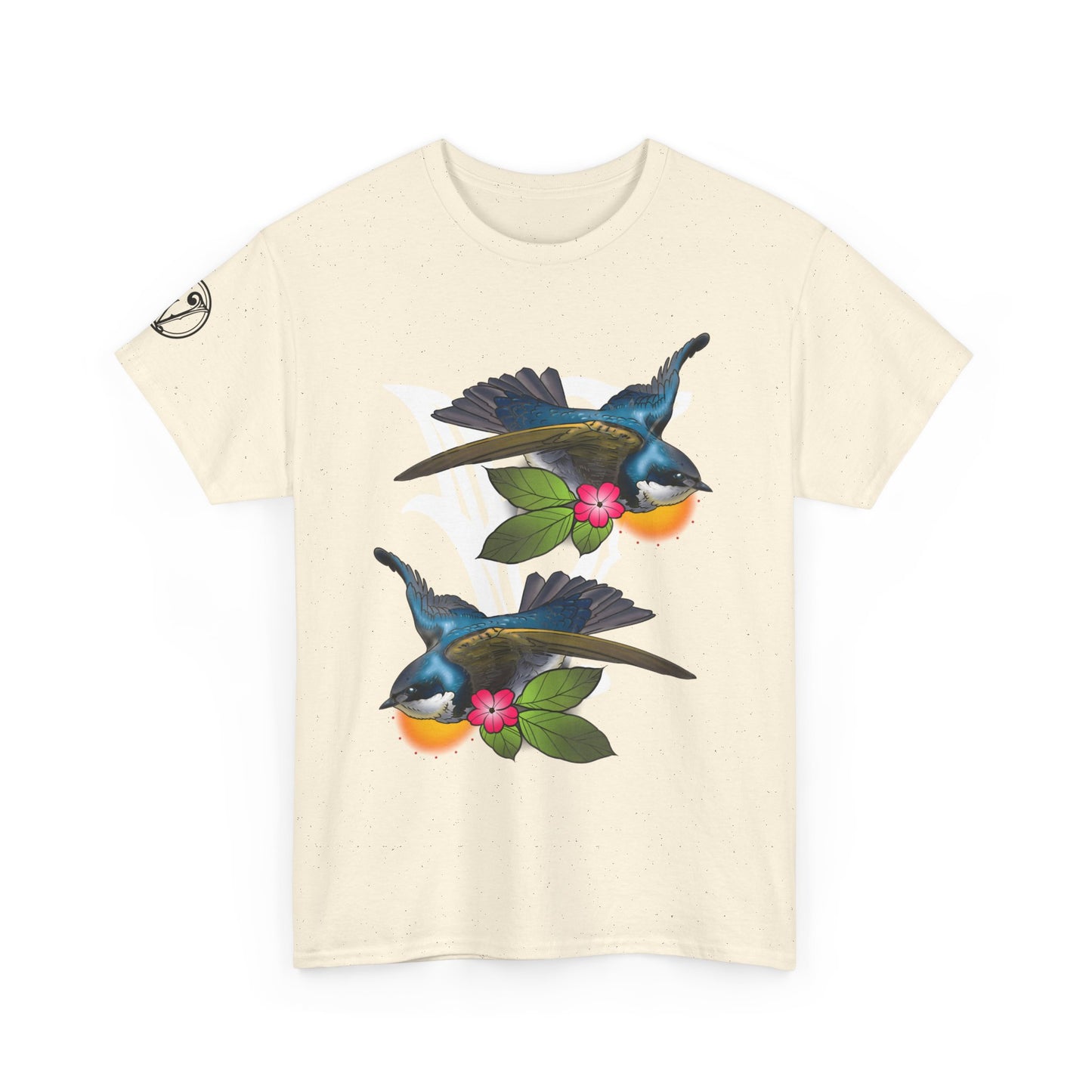 Bird Skull & Swallow Art Tee — Vibrant Blue Bird Illustration T-Shirt