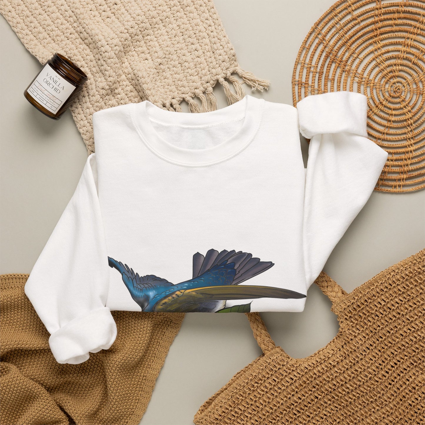 Swallow & Hibiscus Crewneck Sweatshirt — Tropical Bird Graphic Pullover