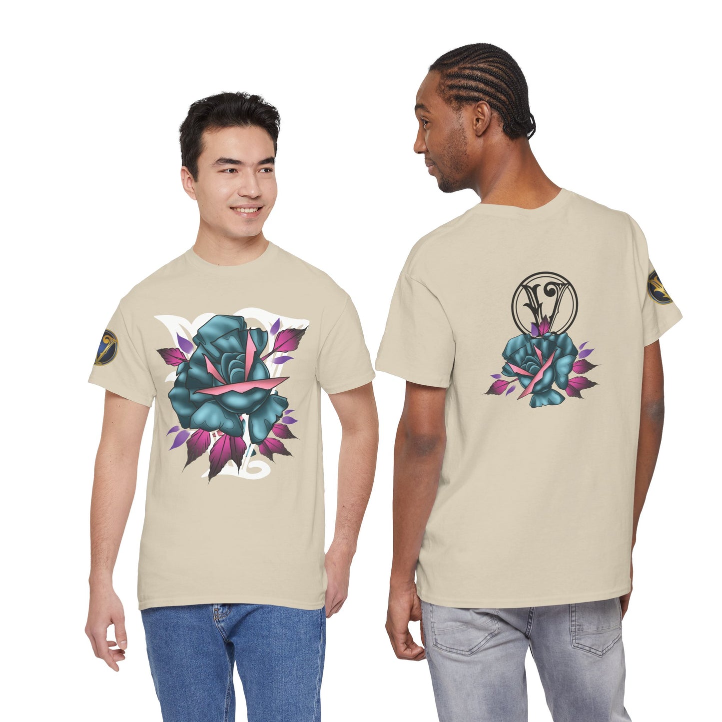 Blue & Pink Rose Graphic Tee — Vintage Floral Tattoo Shirt
