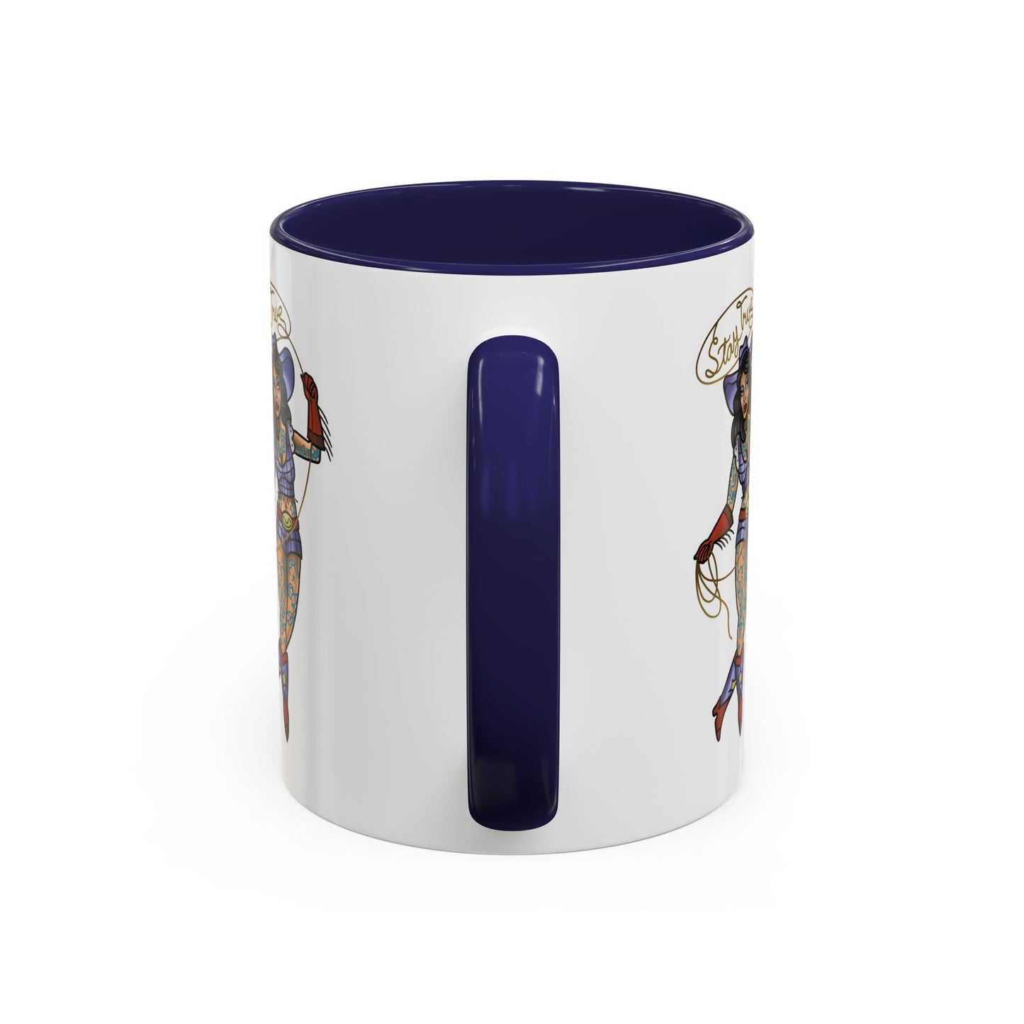 Accent Coffee Mug — Vintage Gold 'V' Monogram & Pin-Up Cowgirl Illustration (11oz/15oz)