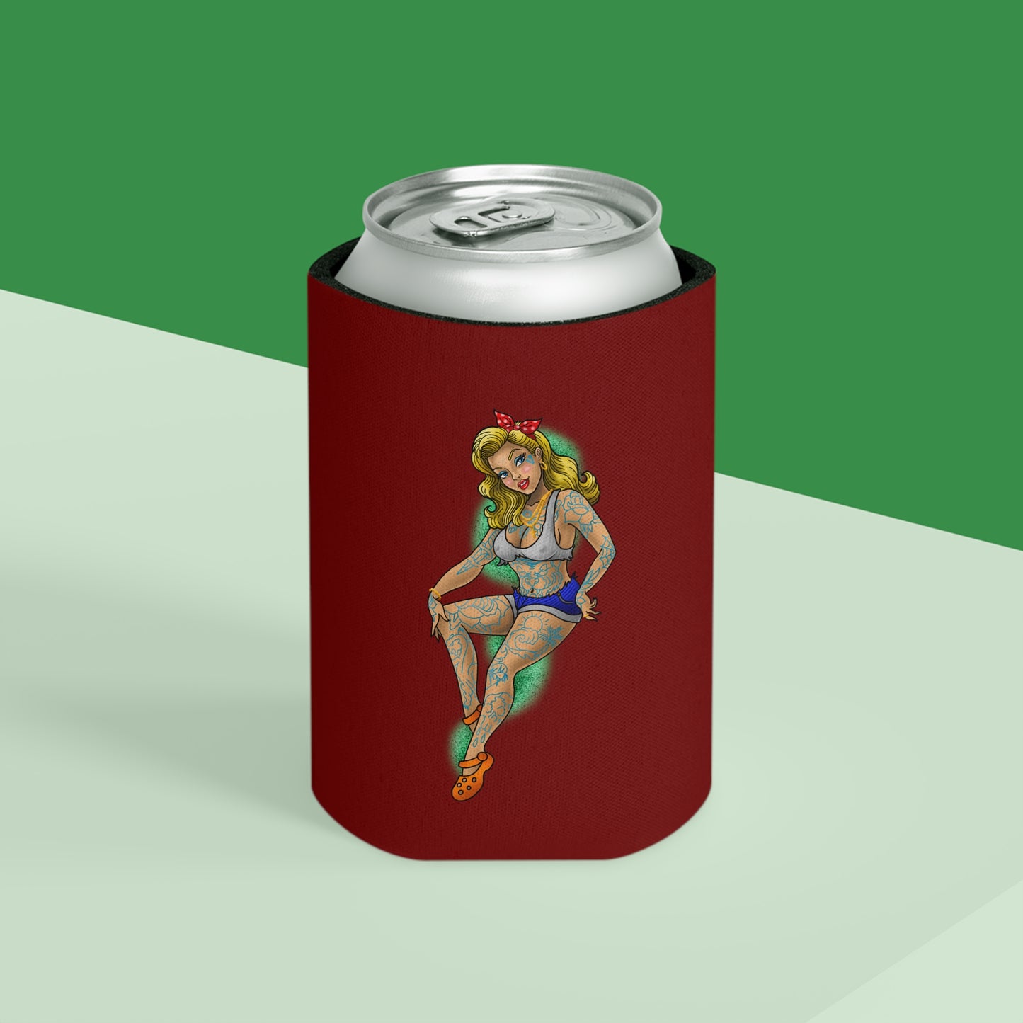 Tattoo Pin-Up Can Cooler – Retro Rockabilly Girl Beverage Koozie