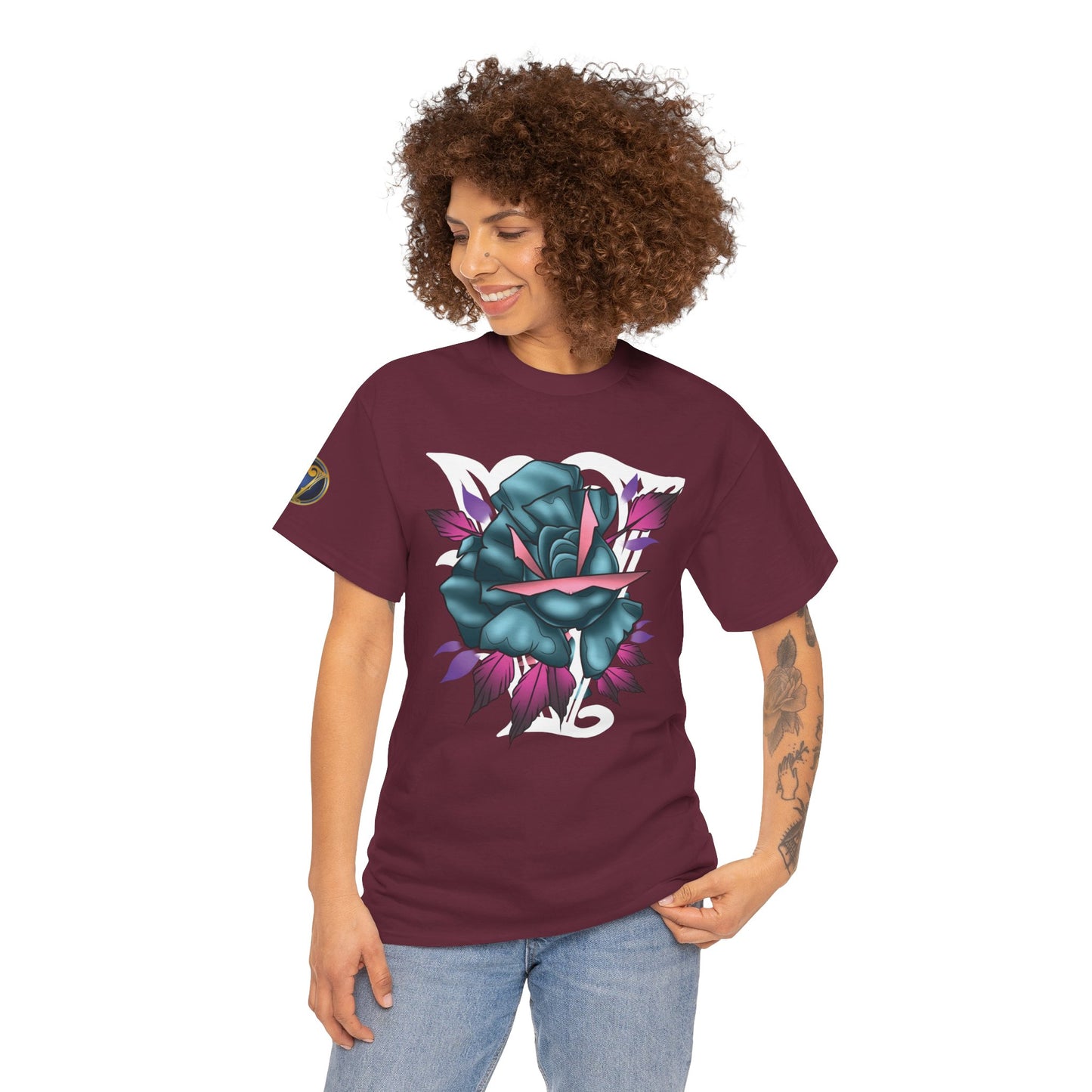 Blue & Pink Rose Graphic Tee — Vintage Floral Tattoo Shirt