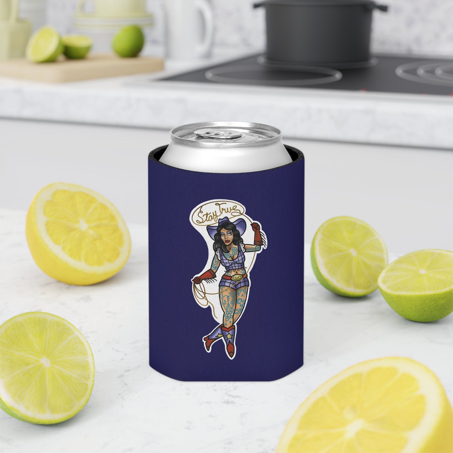 Can Cooler — Retro Tattoo Pinup Girl Design "Stay True"