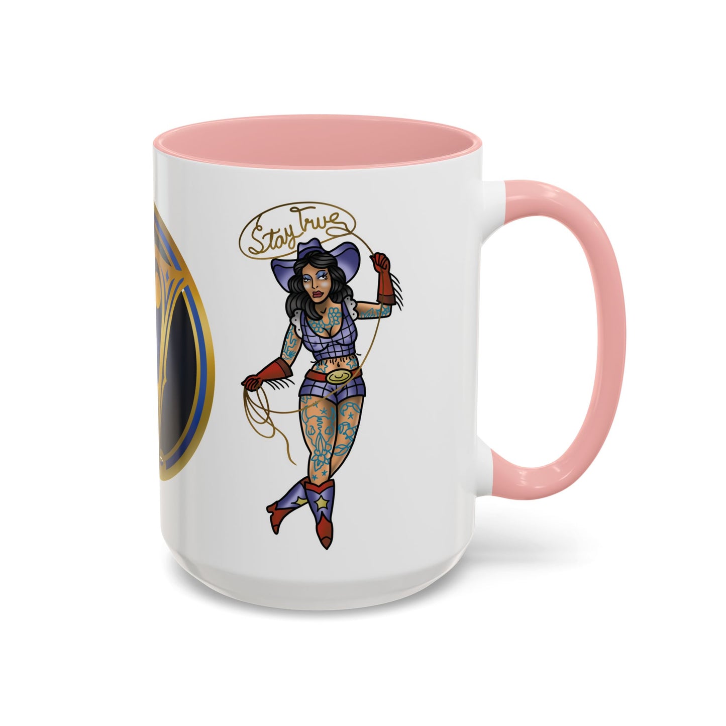 Accent Coffee Mug — Vintage Gold 'V' Monogram & Pin-Up Cowgirl Illustration (11oz/15oz)