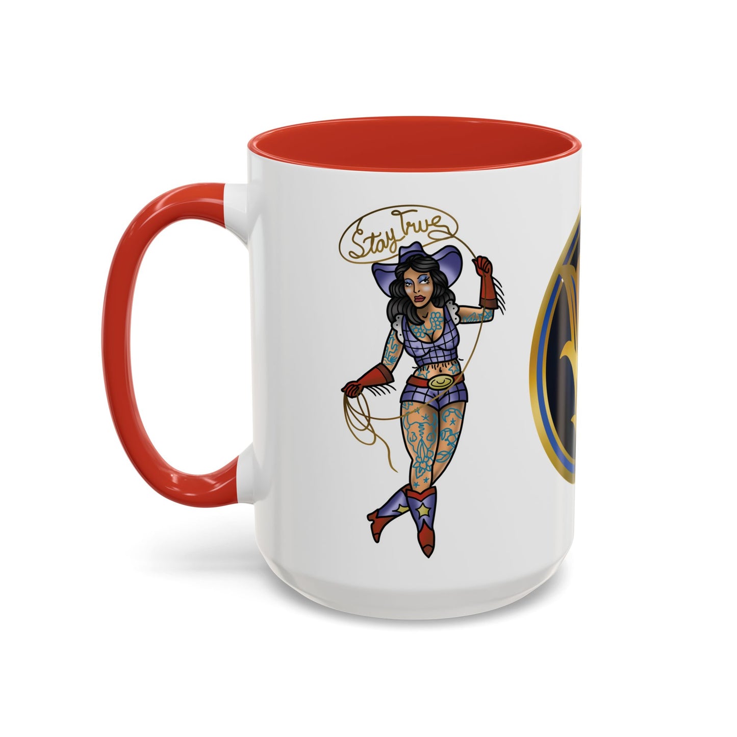 Accent Coffee Mug — Vintage Gold 'V' Monogram & Pin-Up Cowgirl Illustration (11oz/15oz)