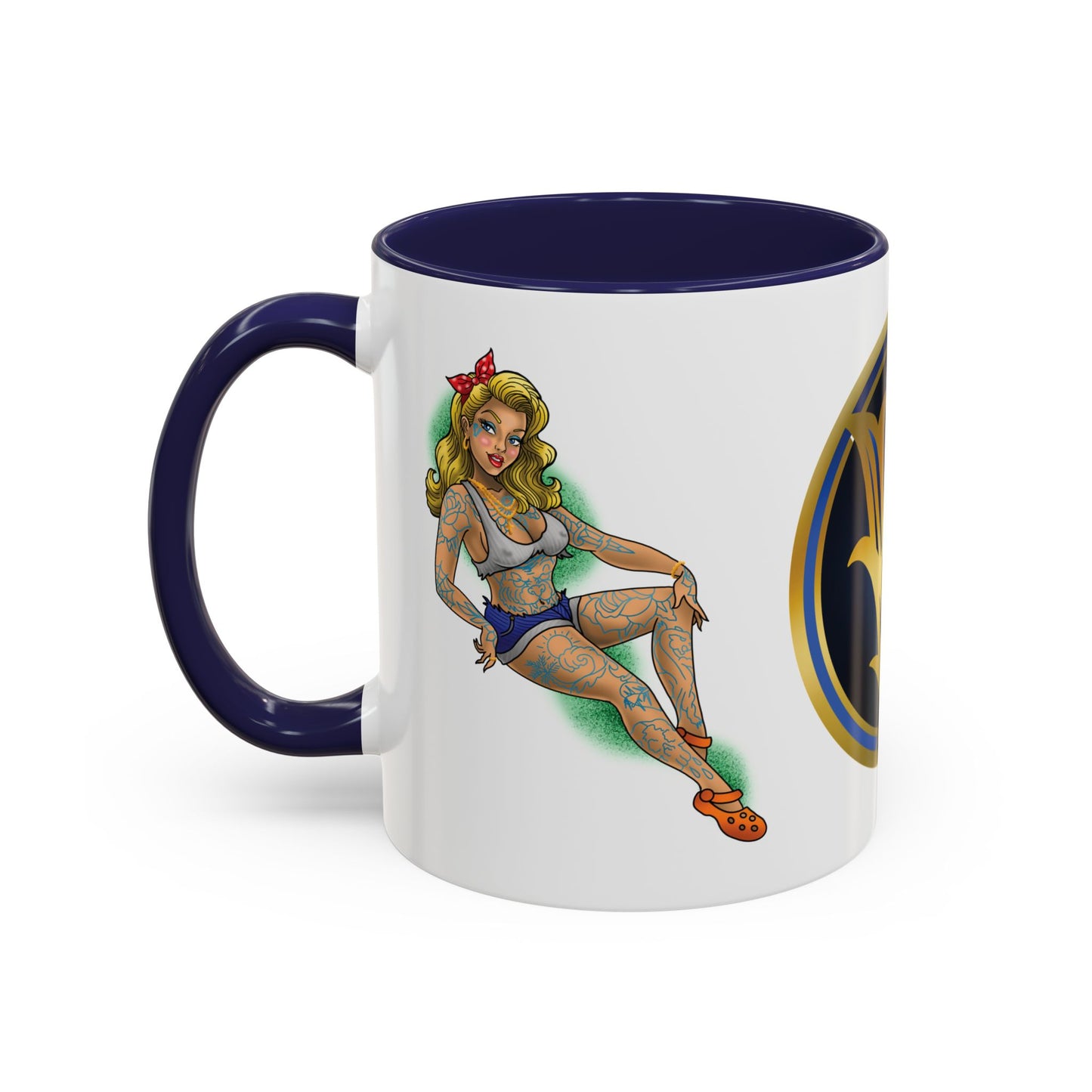 Vintage Pin-Up Coffee Mug with Gold Monogram V — Retro Tattoo Style Accent Mug (11/15oz)
