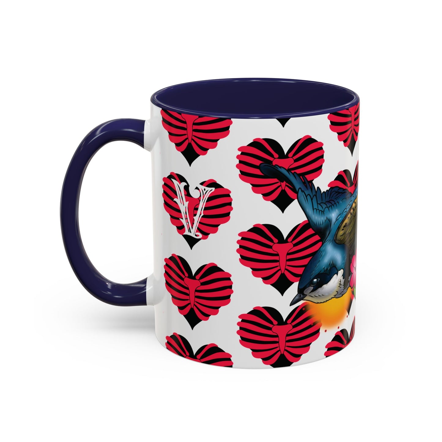 Bird & Hearts Accent Coffee Mug – Colorful Songbird Pattern (11/15oz)
