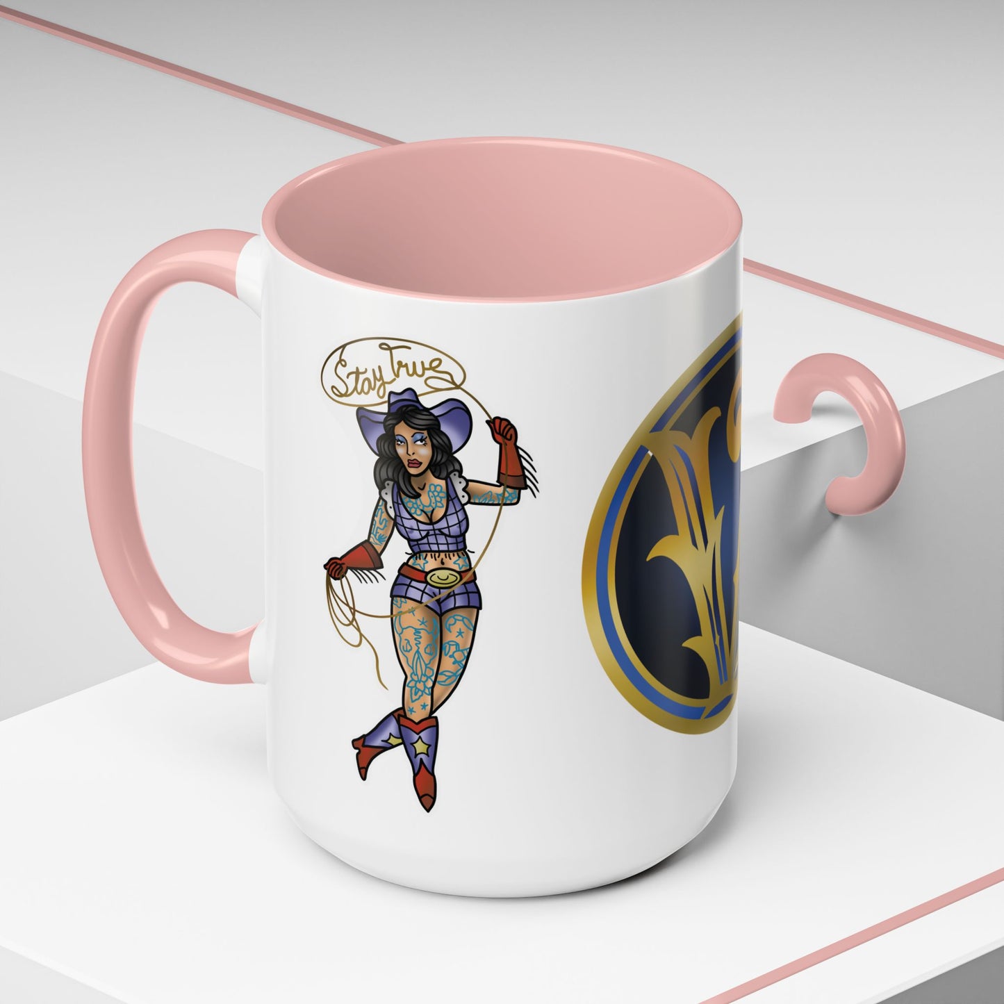 Accent Coffee Mug — Vintage Gold 'V' Monogram & Pin-Up Cowgirl Illustration (11oz/15oz)