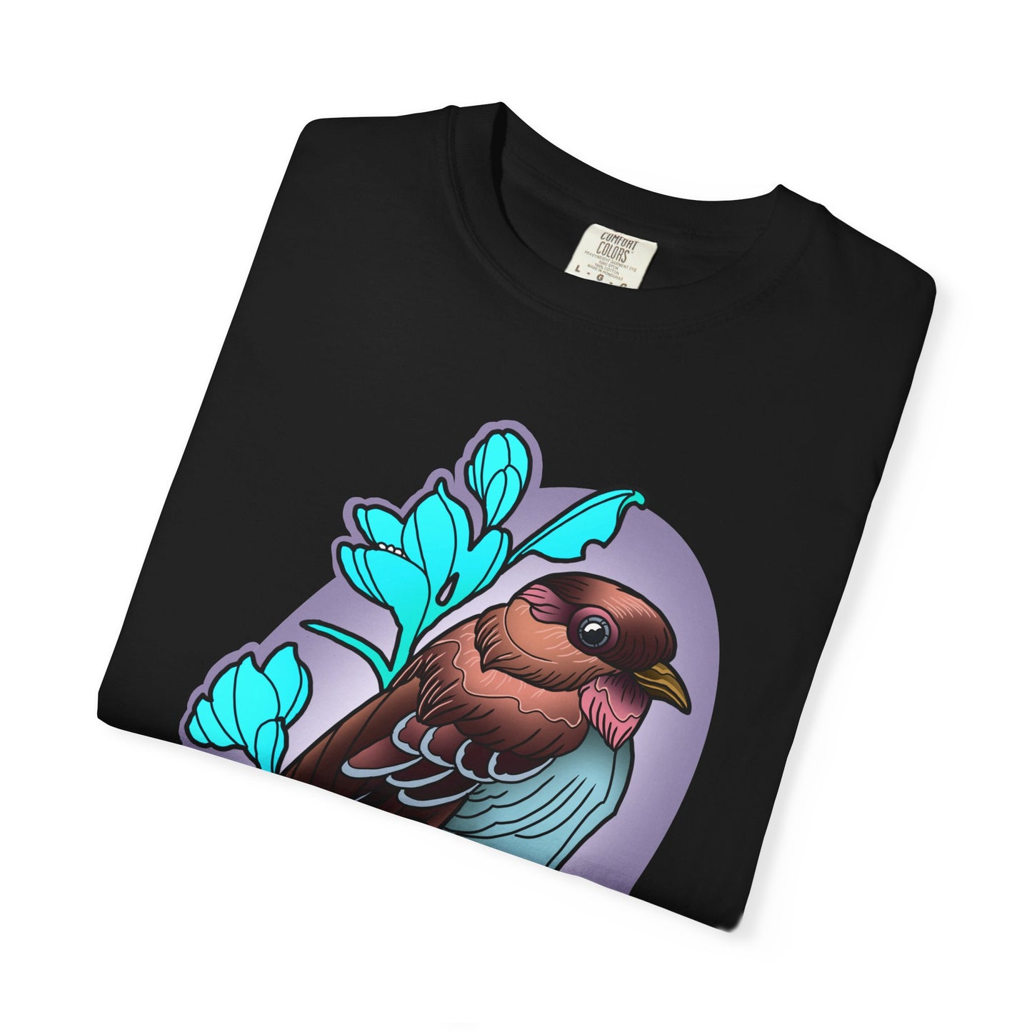 Bird Illustration T-Shirt — Colorful Sparrow on Floral Branch Tee