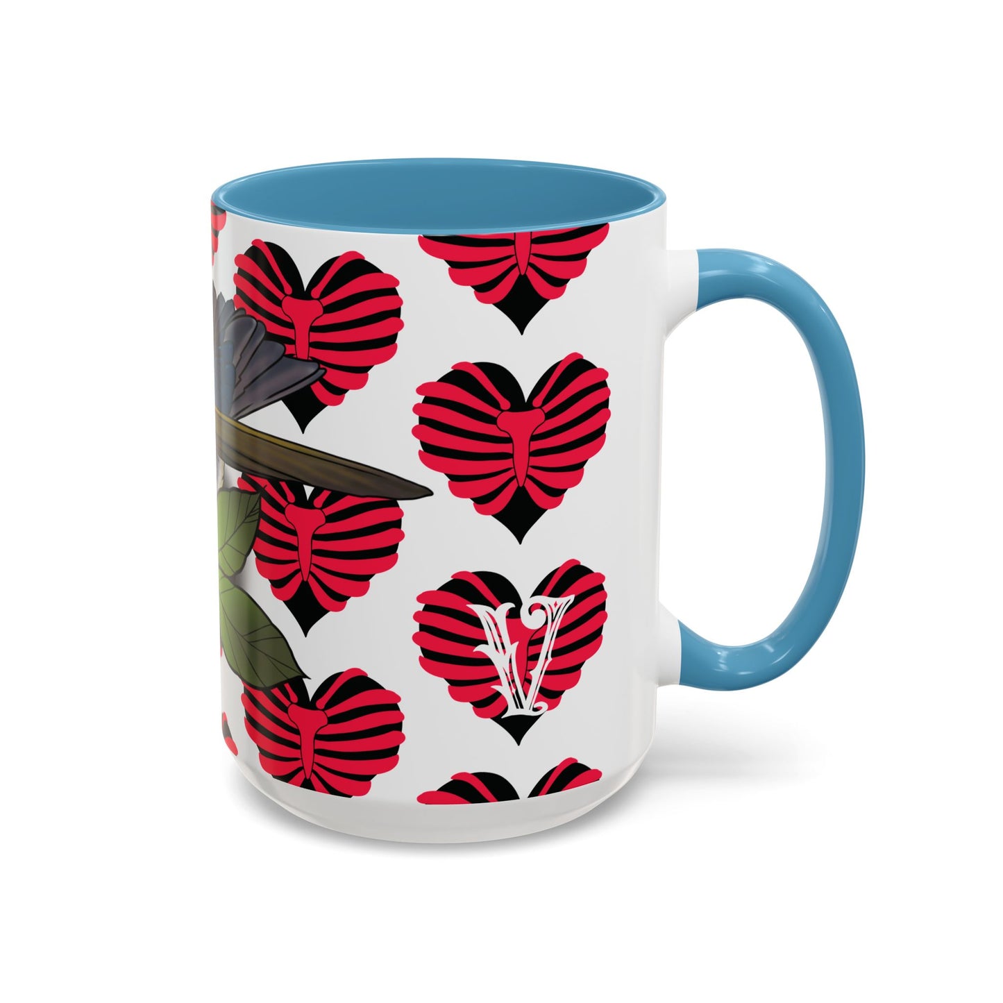 Bird & Hearts Accent Coffee Mug – Colorful Songbird Pattern (11/15oz)