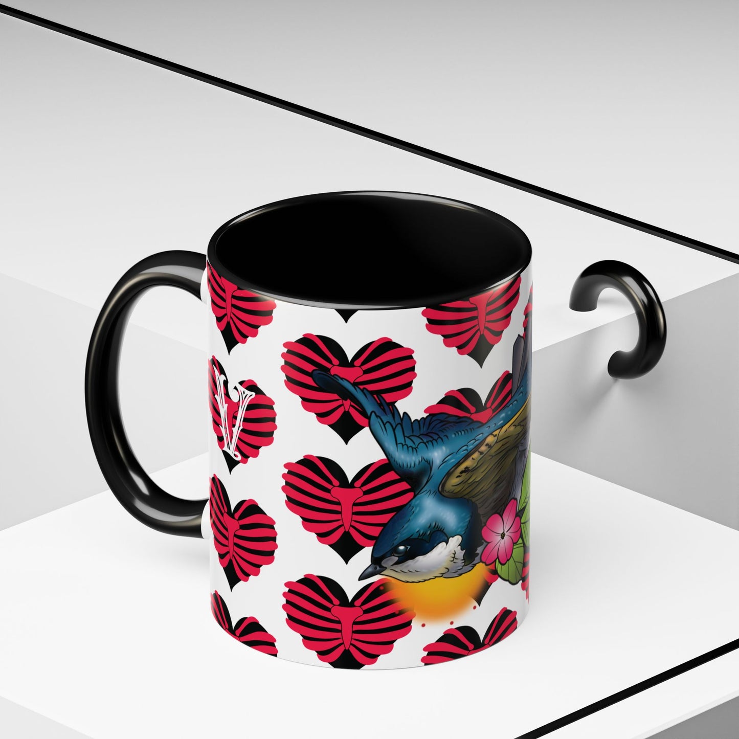 Bird & Hearts Accent Coffee Mug – Colorful Songbird Pattern (11/15oz)