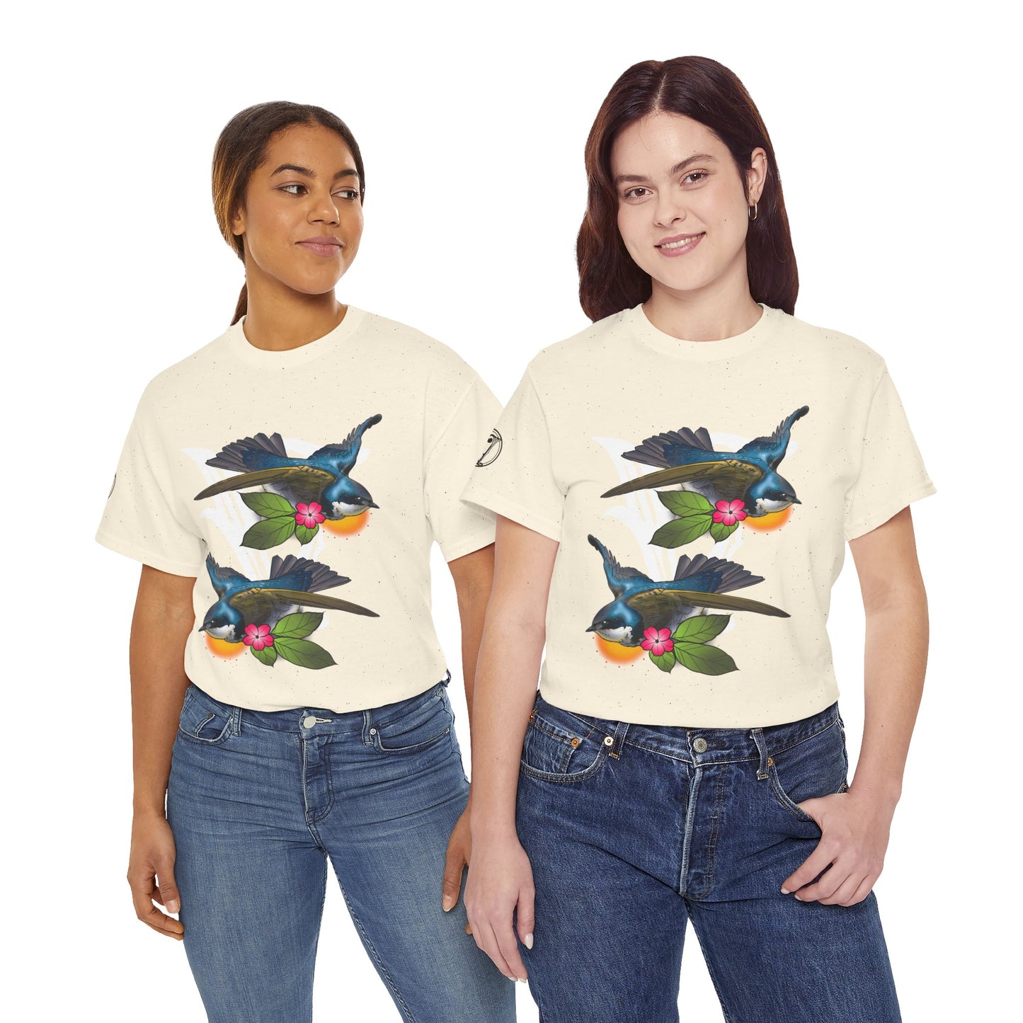 Bird Skull & Swallow Art Tee — Vibrant Blue Bird Illustration T-Shirt