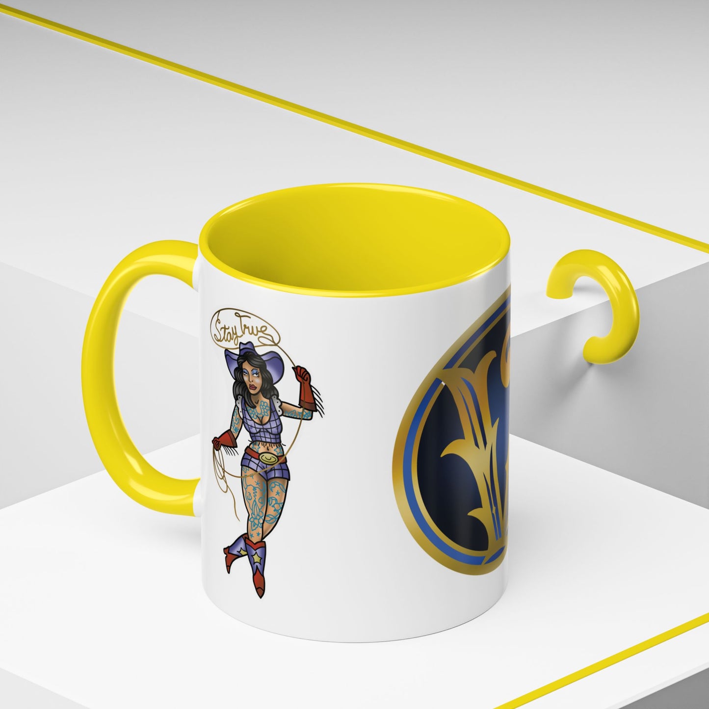 Accent Coffee Mug — Vintage Gold 'V' Monogram & Pin-Up Cowgirl Illustration (11oz/15oz)