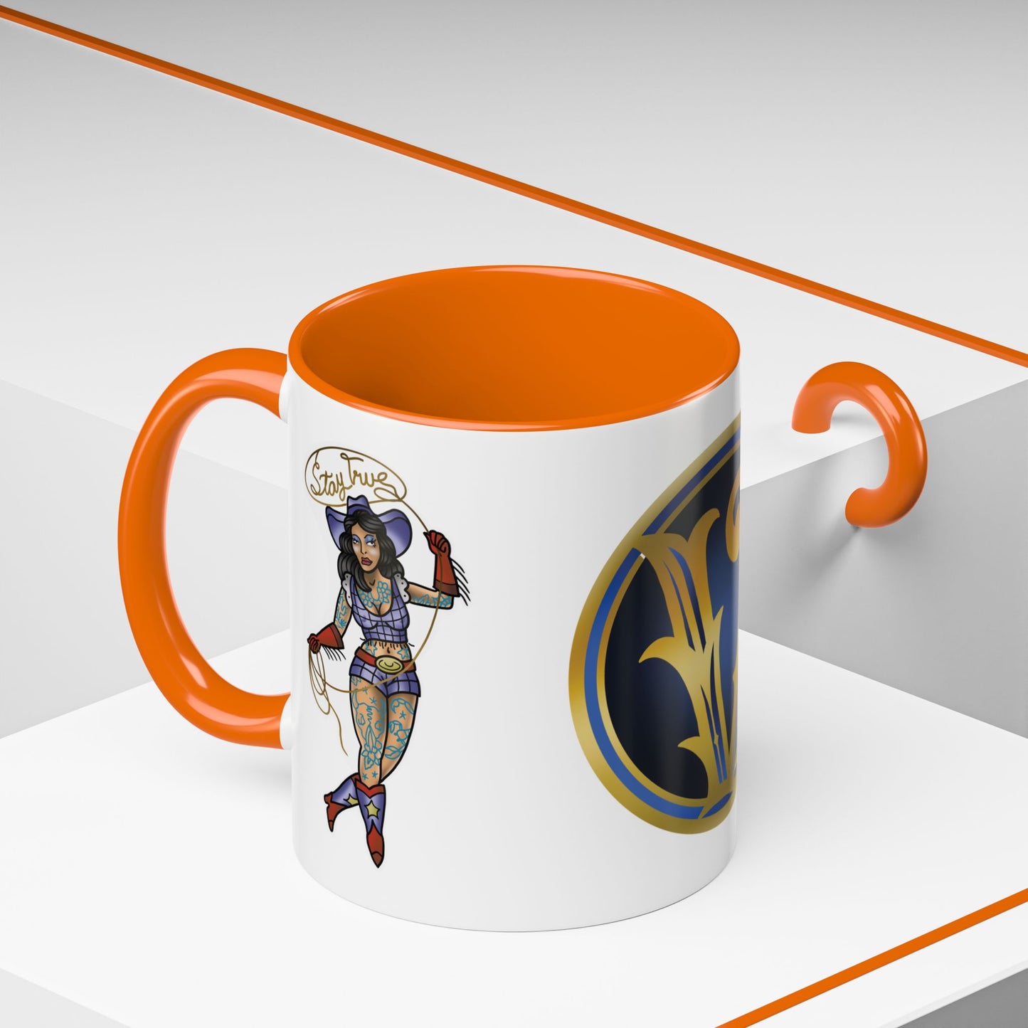 Accent Coffee Mug — Vintage Gold 'V' Monogram & Pin-Up Cowgirl Illustration (11oz/15oz)