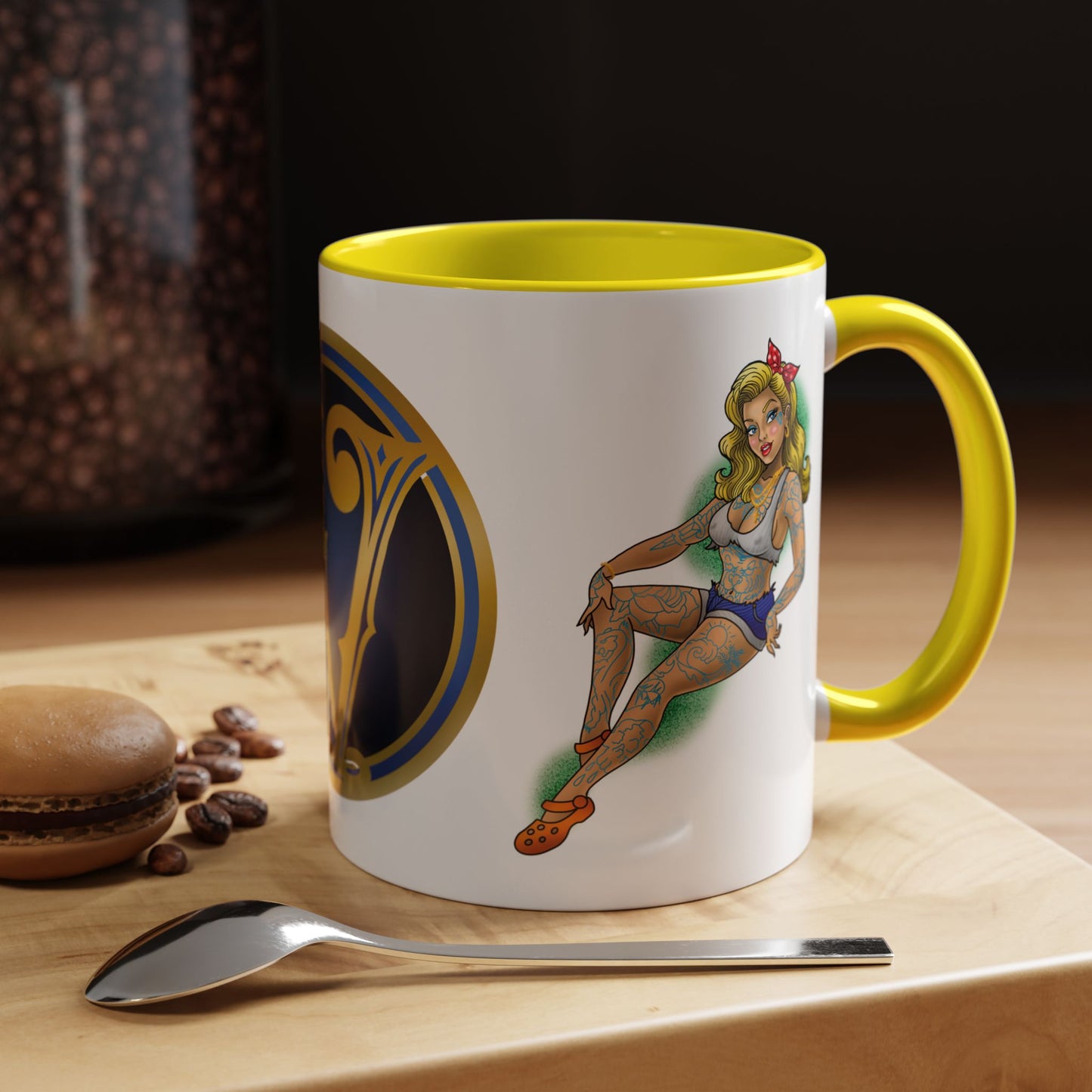Vintage Pin-Up Coffee Mug with Gold Monogram V — Retro Tattoo Style Accent Mug (11/15oz)