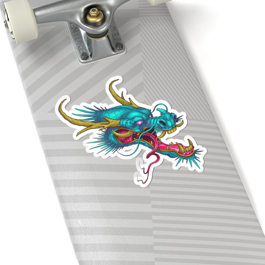 Blue Neon Dragon Head Kiss-Cut Sticker — Vibrant Mythical Laptop Decal