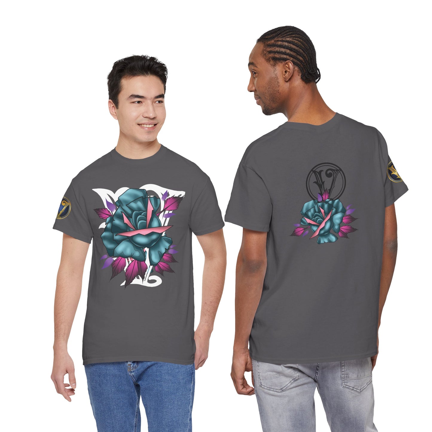 Blue & Pink Rose Graphic Tee — Vintage Floral Tattoo Shirt
