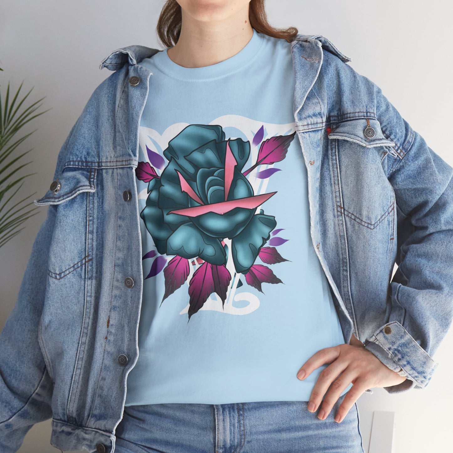 Blue & Pink Rose Graphic Tee — Vintage Floral Tattoo Shirt