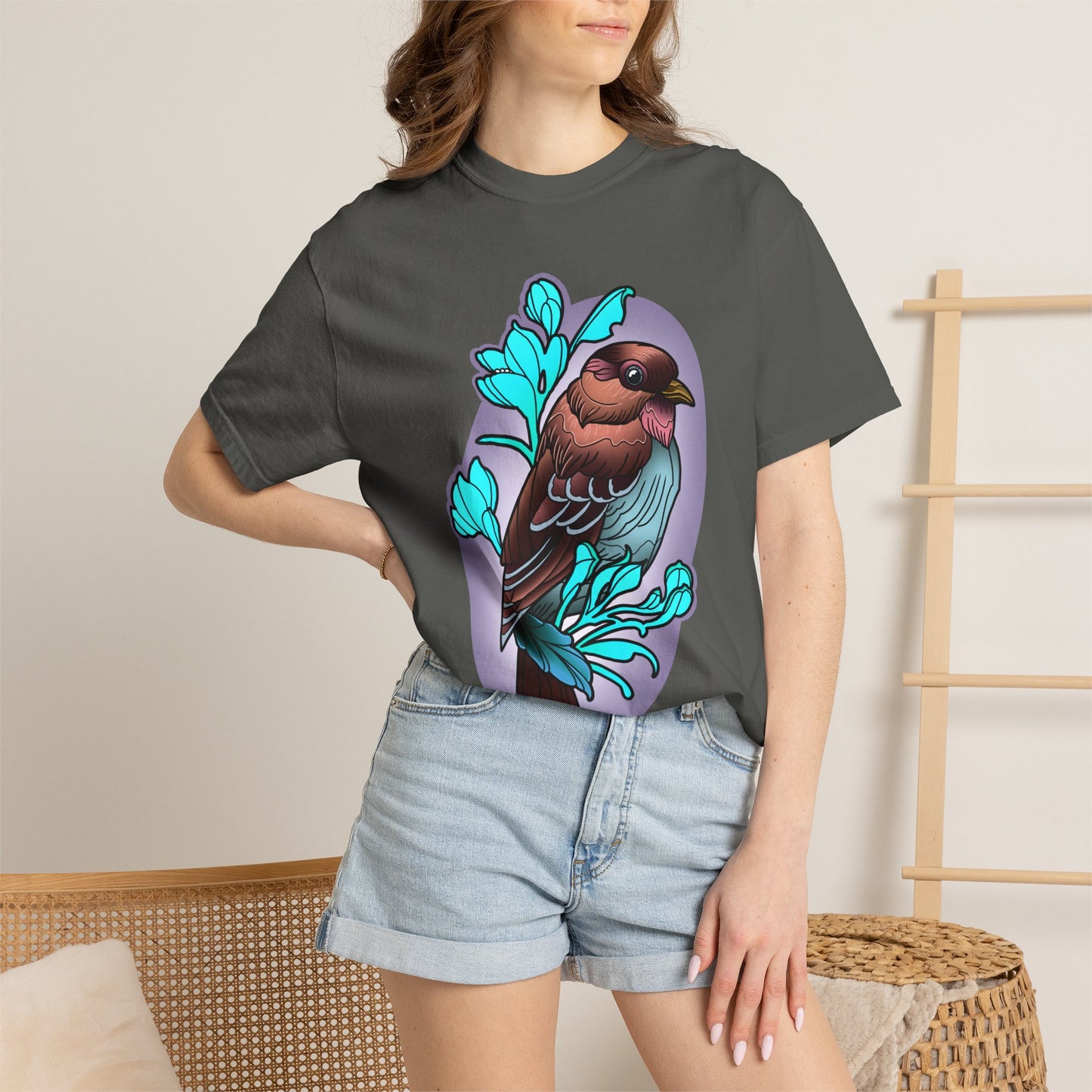 Bird Illustration T-Shirt — Colorful Sparrow on Floral Branch Tee