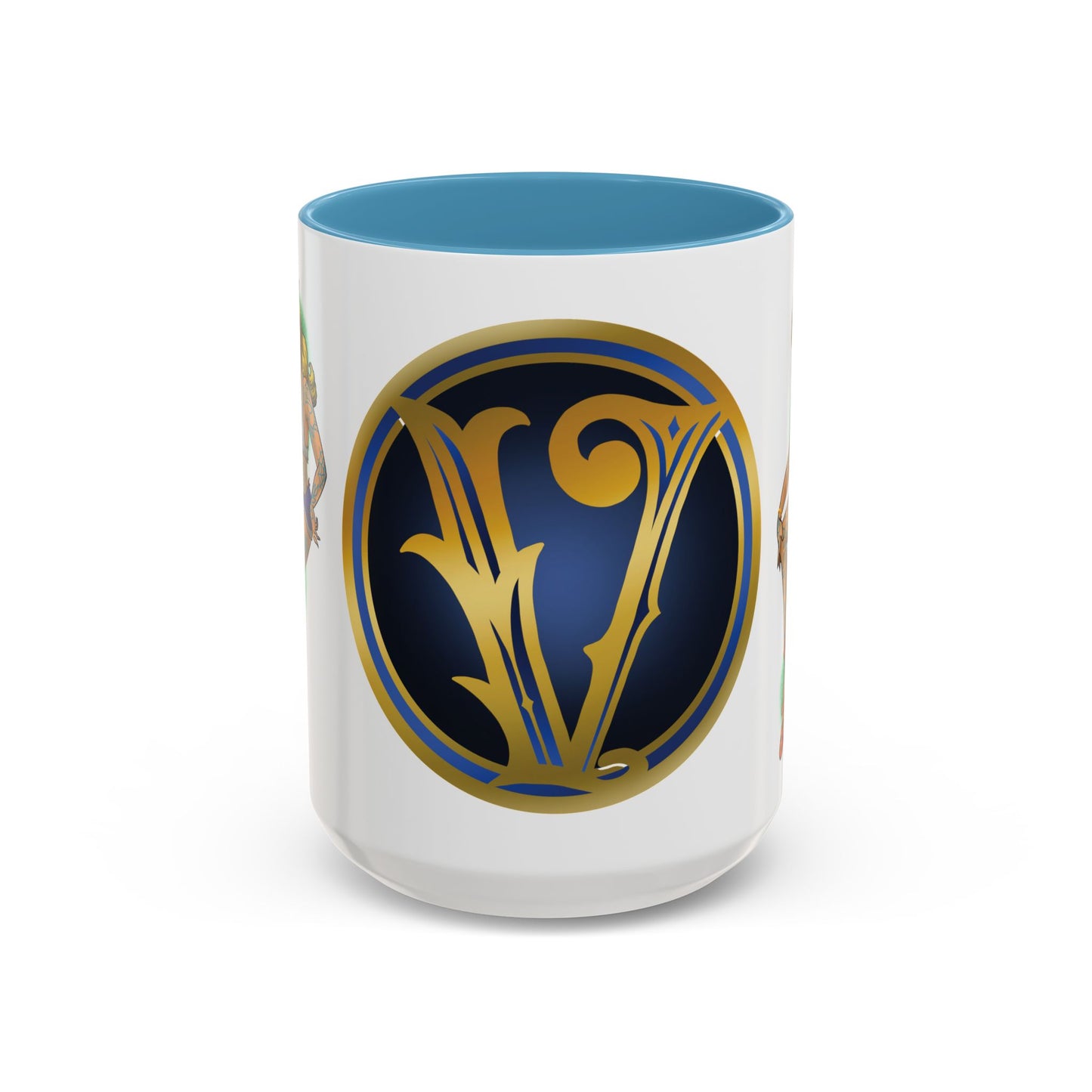 Vintage Pin-Up Coffee Mug with Gold Monogram V — Retro Tattoo Style Accent Mug (11/15oz)