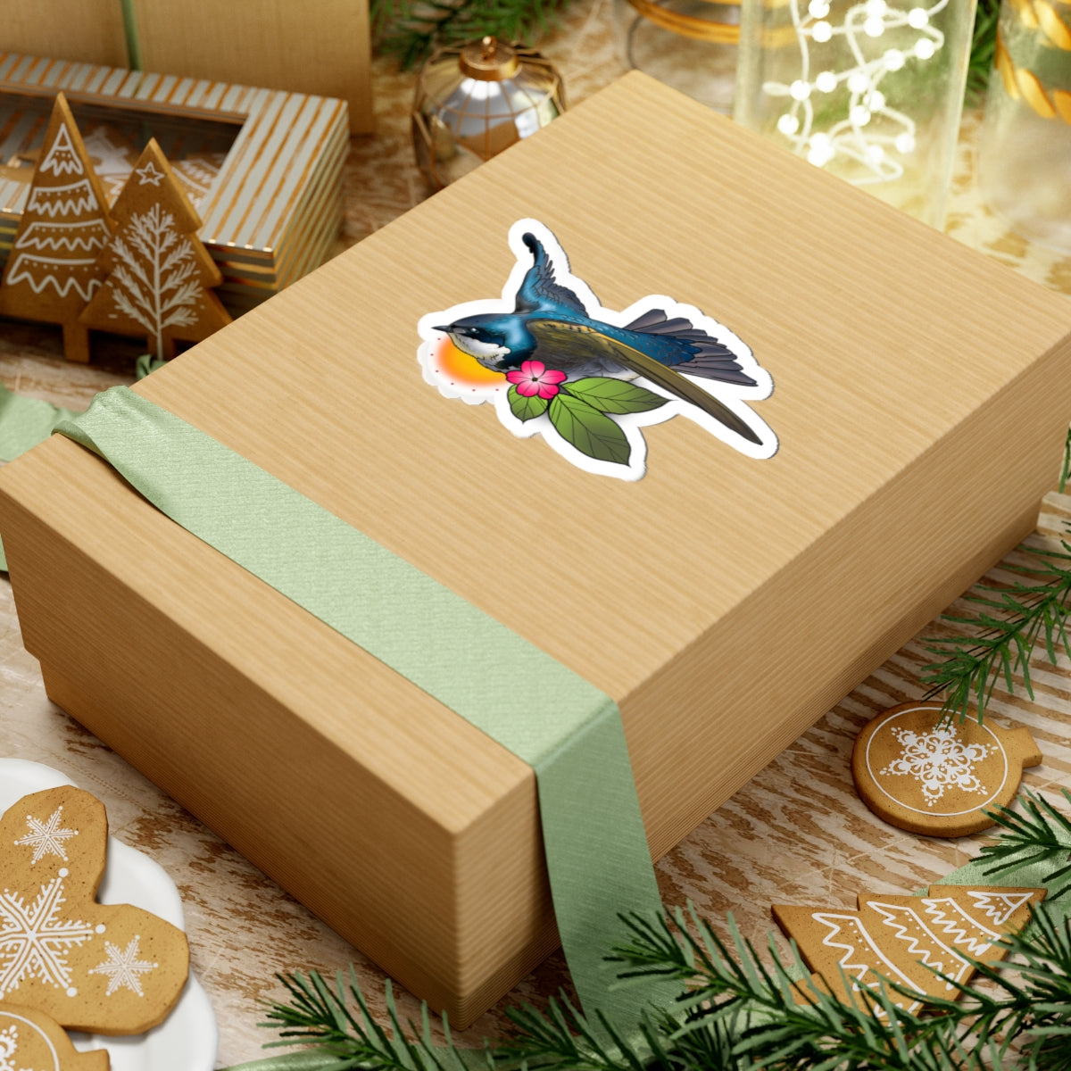 Swallow Bird Kiss-Cut Sticker — Tropical Flower Laptop Decal