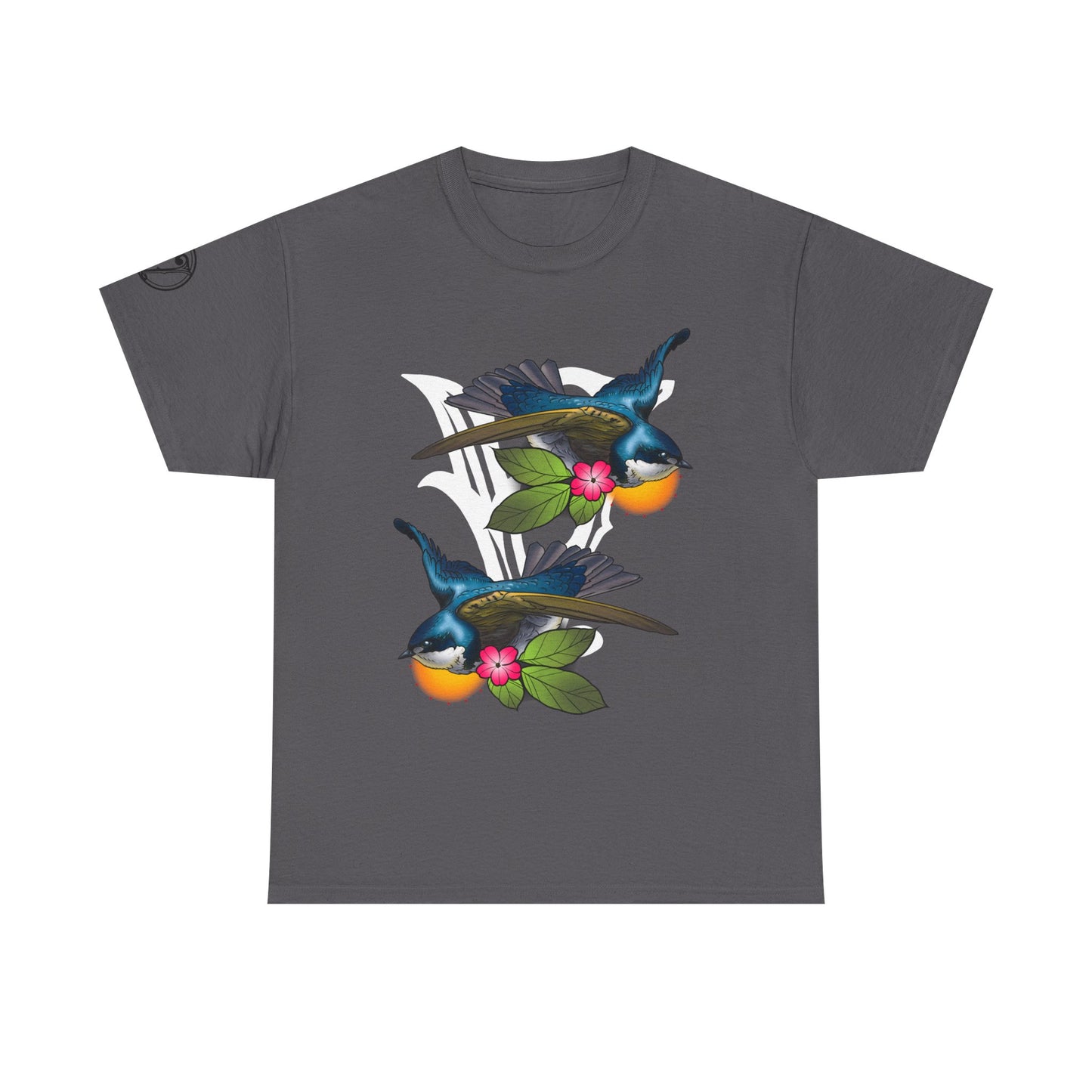 Bird Skull & Swallow Art Tee — Vibrant Blue Bird Illustration T-Shirt