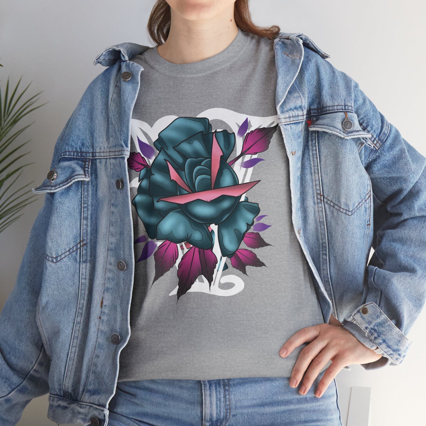 Blue & Pink Rose Graphic Tee — Vintage Floral Tattoo Shirt