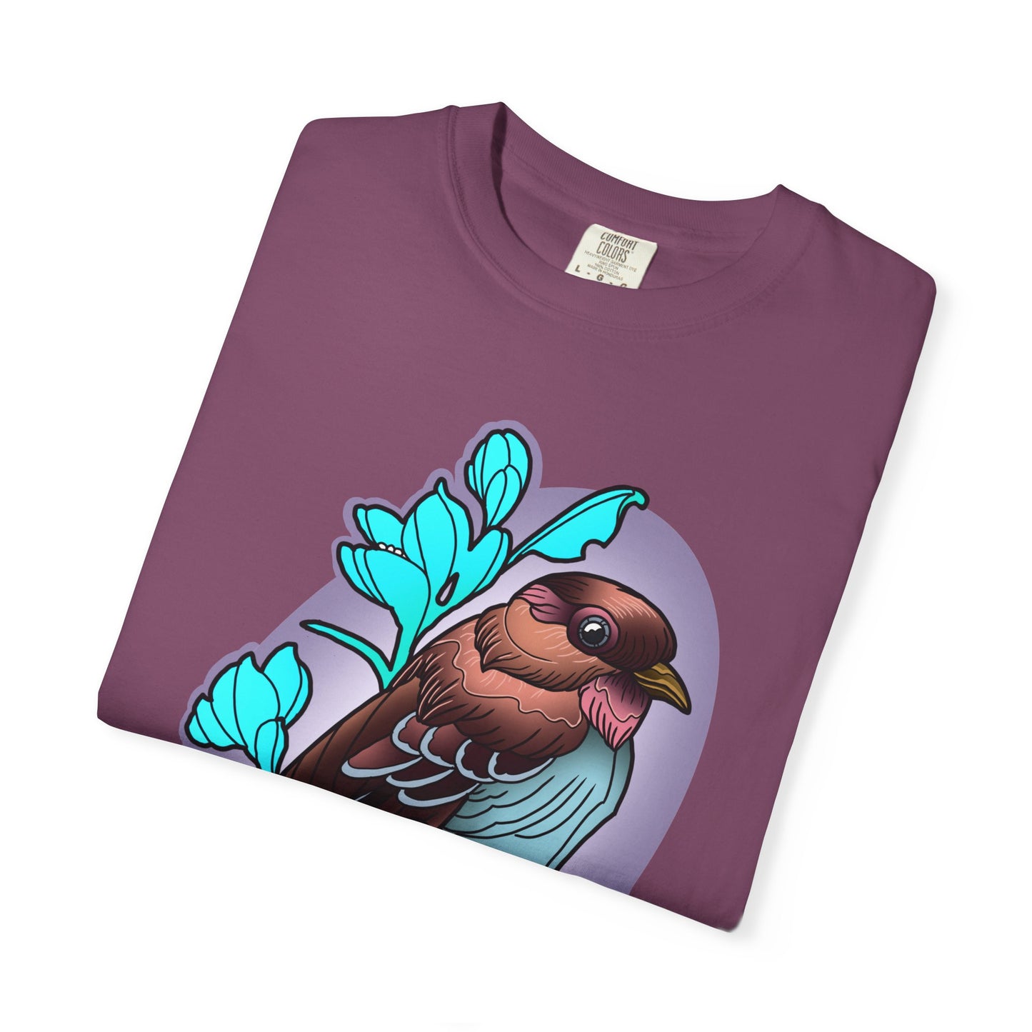 Bird Illustration T-Shirt — Colorful Sparrow on Floral Branch Tee