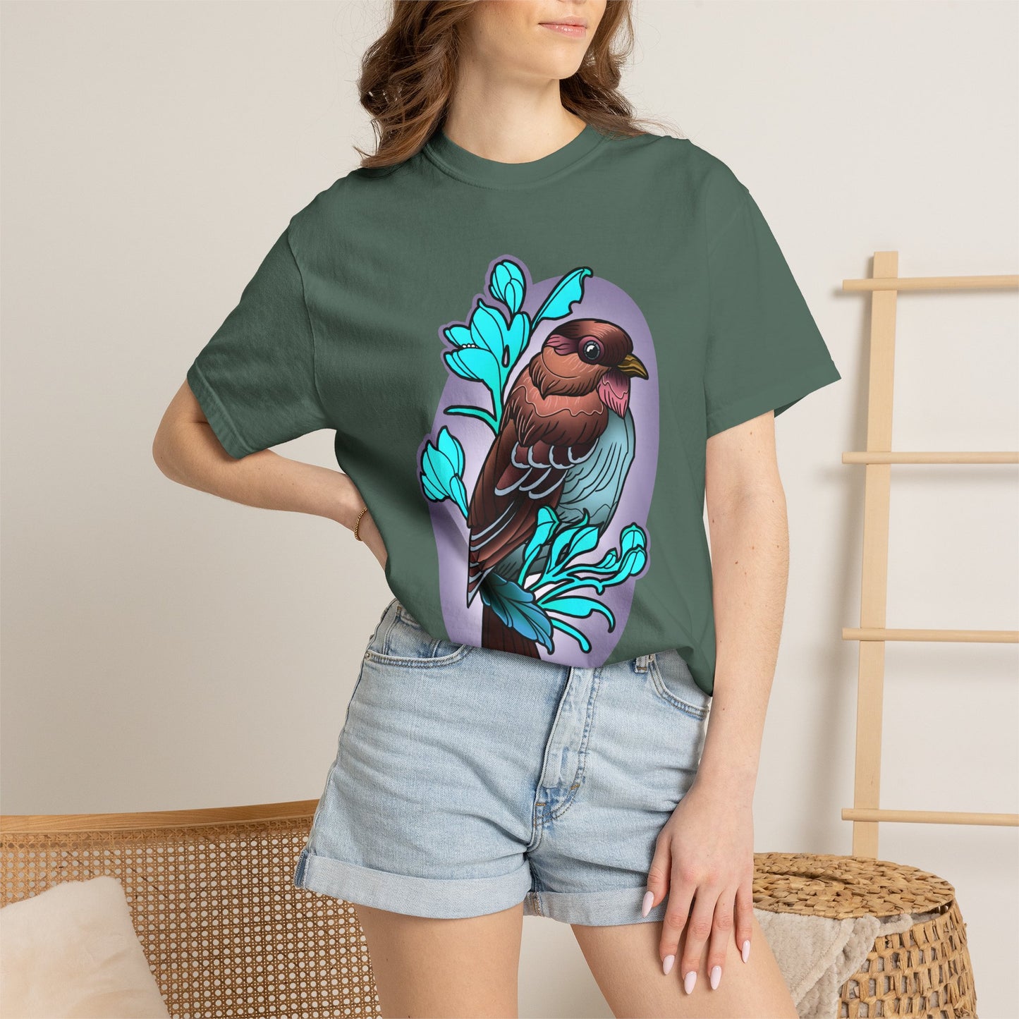 Bird Illustration T-Shirt — Colorful Sparrow on Floral Branch Tee