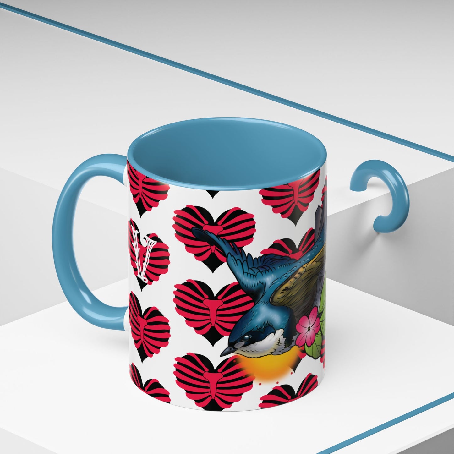Bird & Hearts Accent Coffee Mug – Colorful Songbird Pattern (11/15oz)