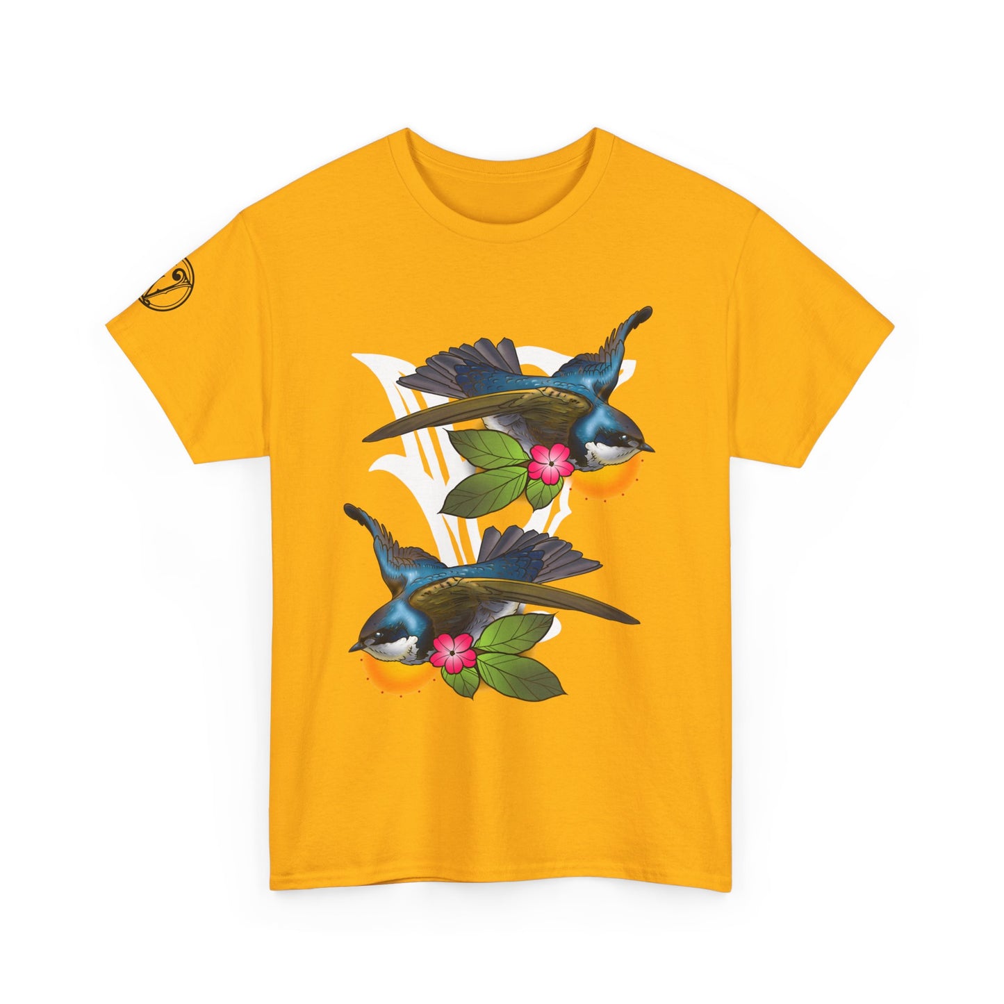 Bird Skull & Swallow Art Tee — Vibrant Blue Bird Illustration T-Shirt