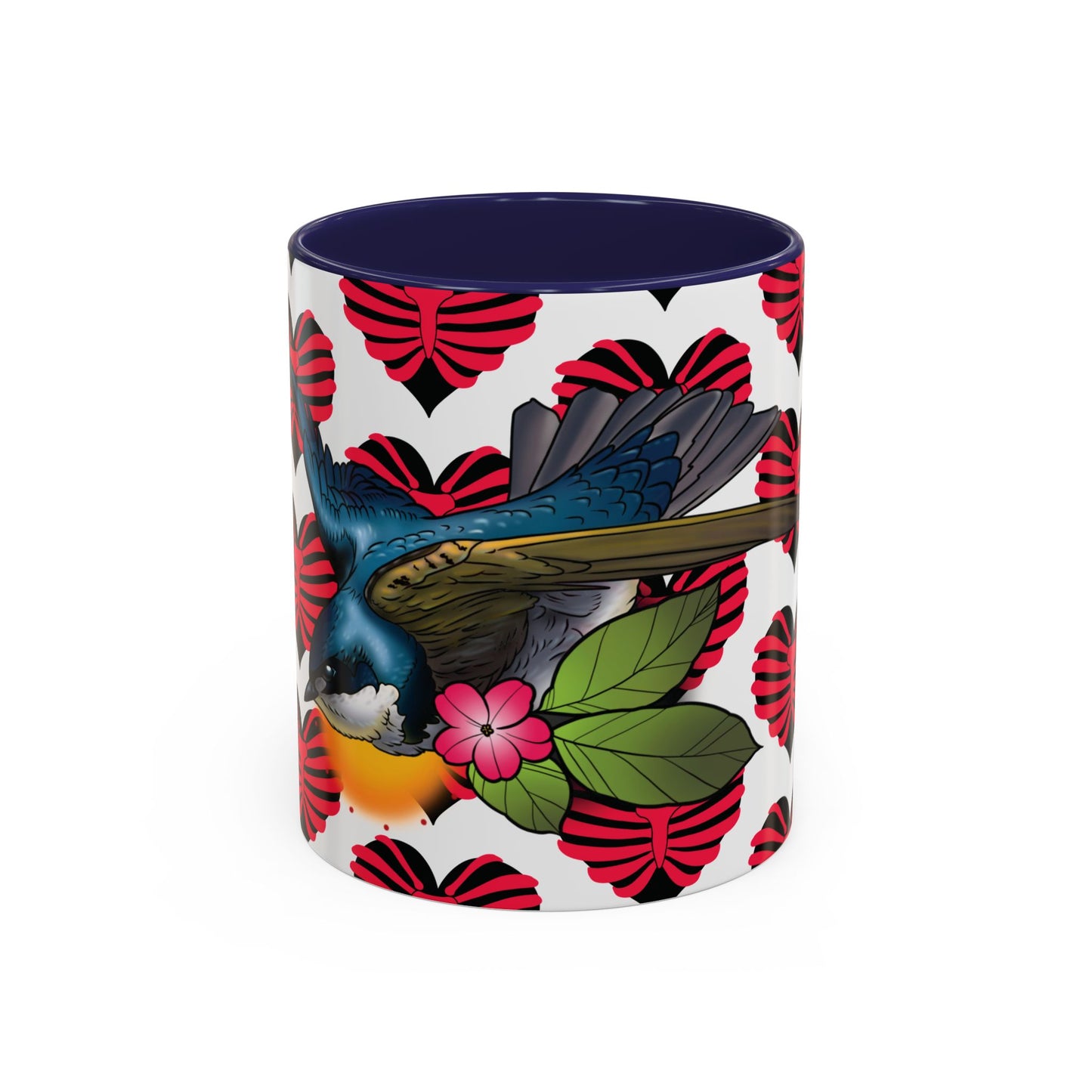 Bird & Hearts Accent Coffee Mug – Colorful Songbird Pattern (11/15oz)