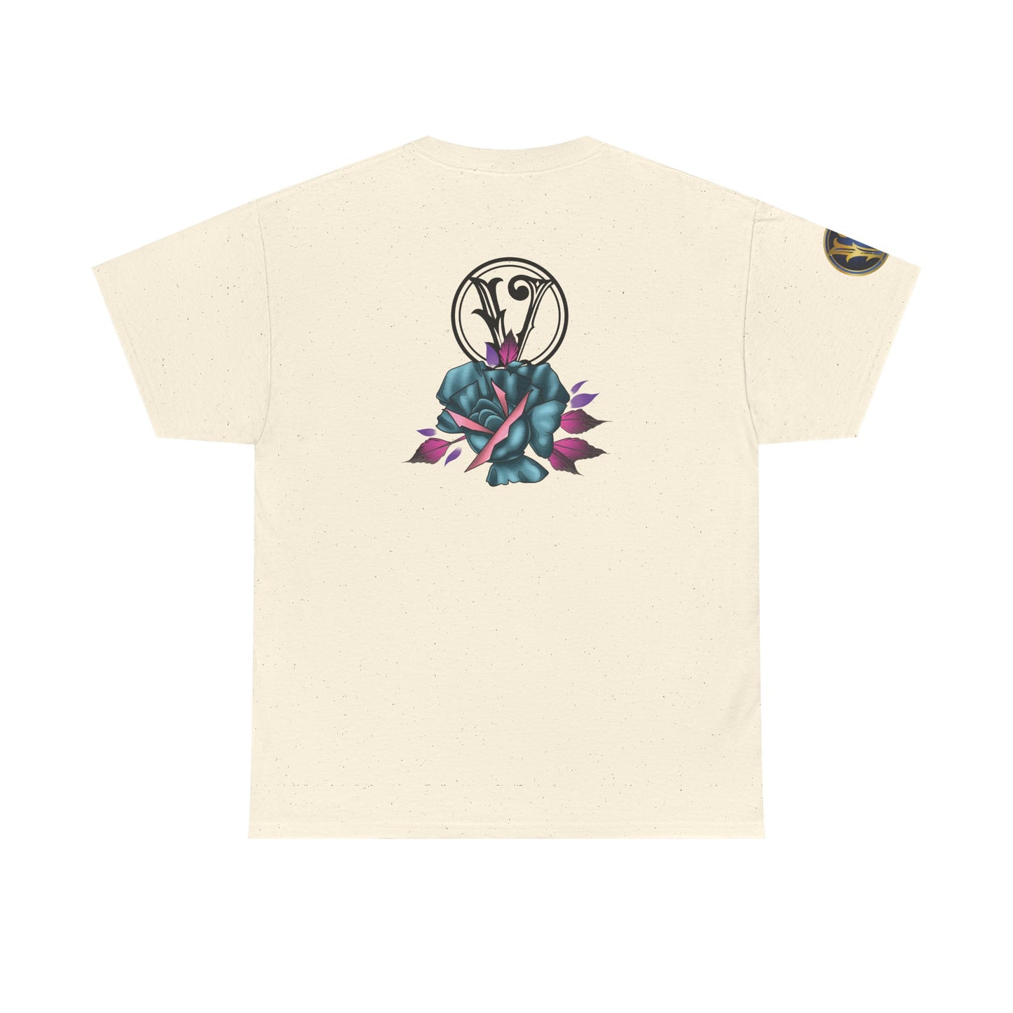 Blue & Pink Rose Graphic Tee — Vintage Floral Tattoo Shirt