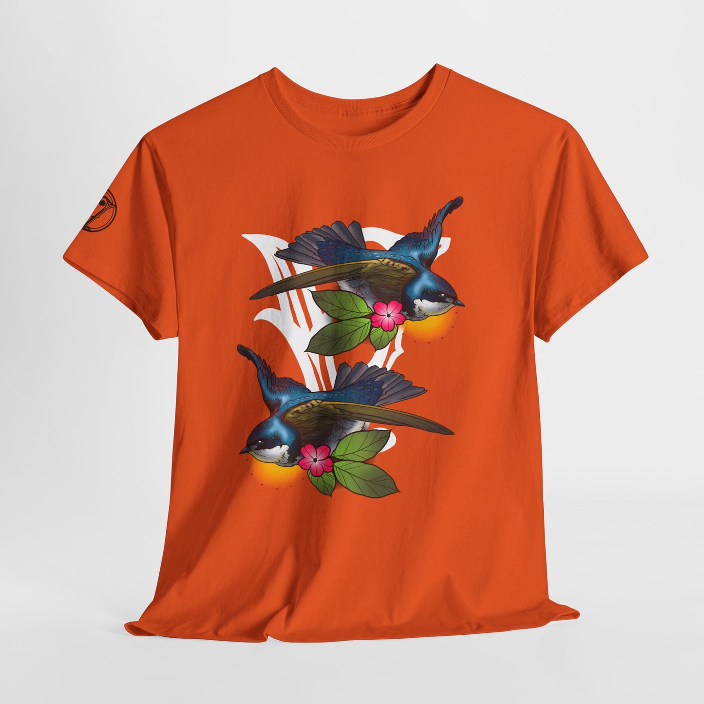 Bird Skull & Swallow Art Tee — Vibrant Blue Bird Illustration T-Shirt