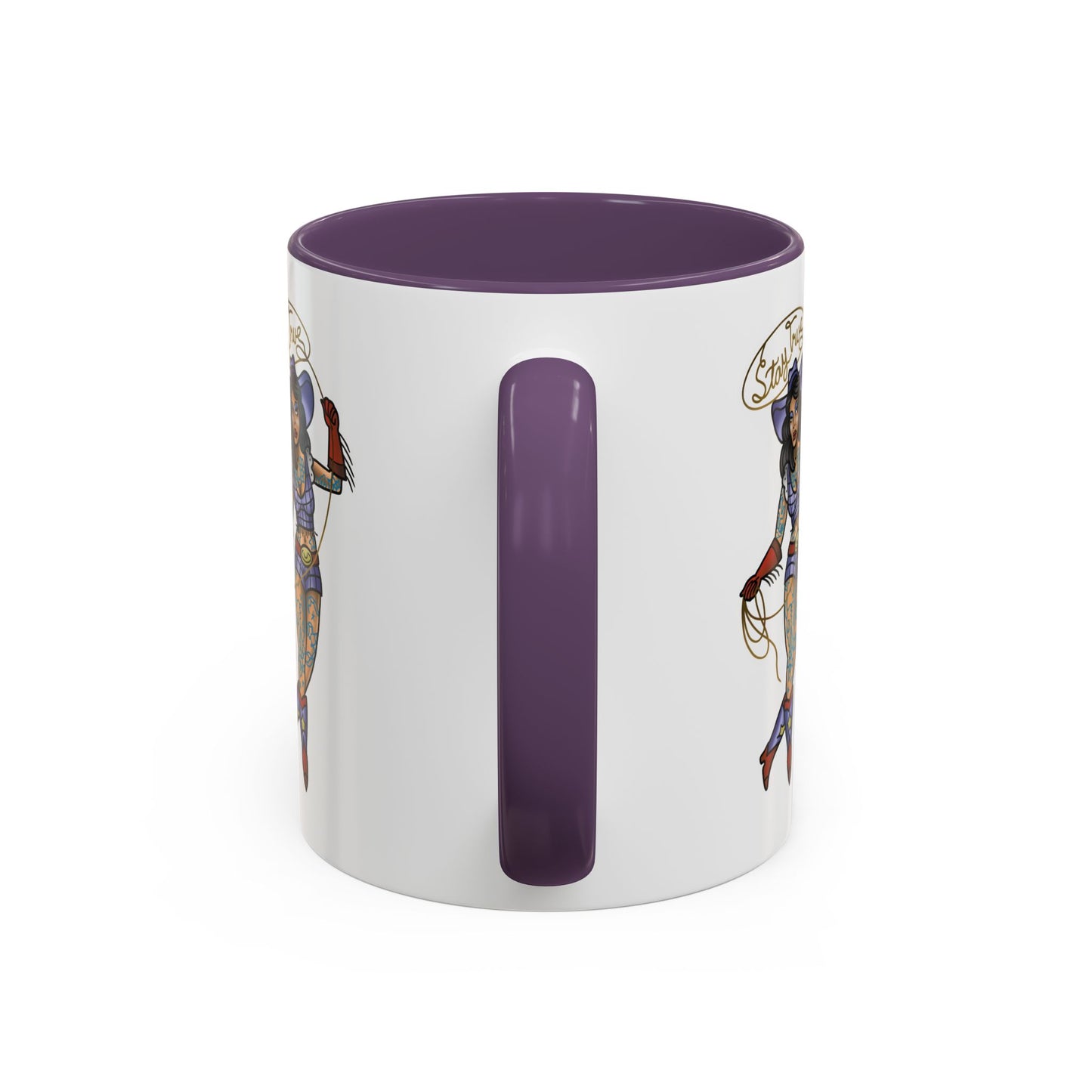 Accent Coffee Mug — Vintage Gold 'V' Monogram & Pin-Up Cowgirl Illustration (11oz/15oz)