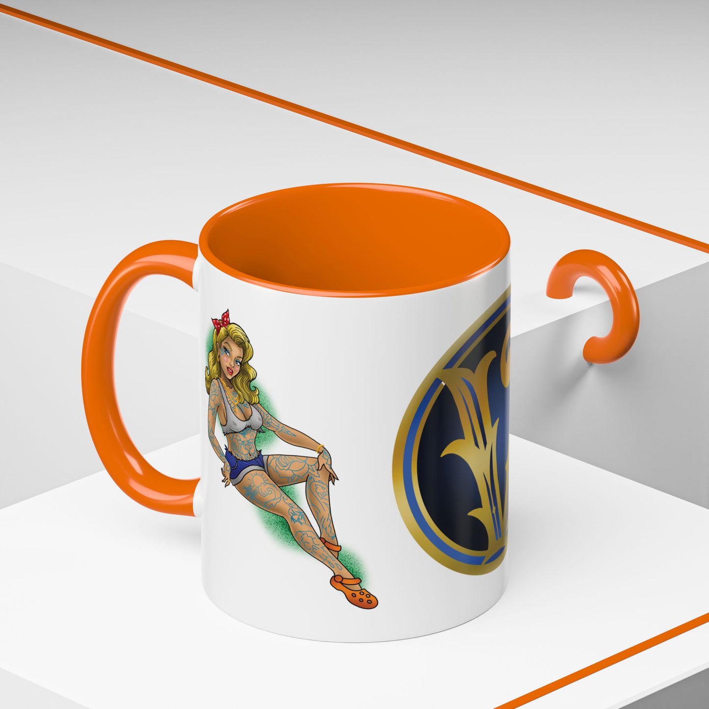 Vintage Pin-Up Coffee Mug with Gold Monogram V — Retro Tattoo Style Accent Mug (11/15oz)