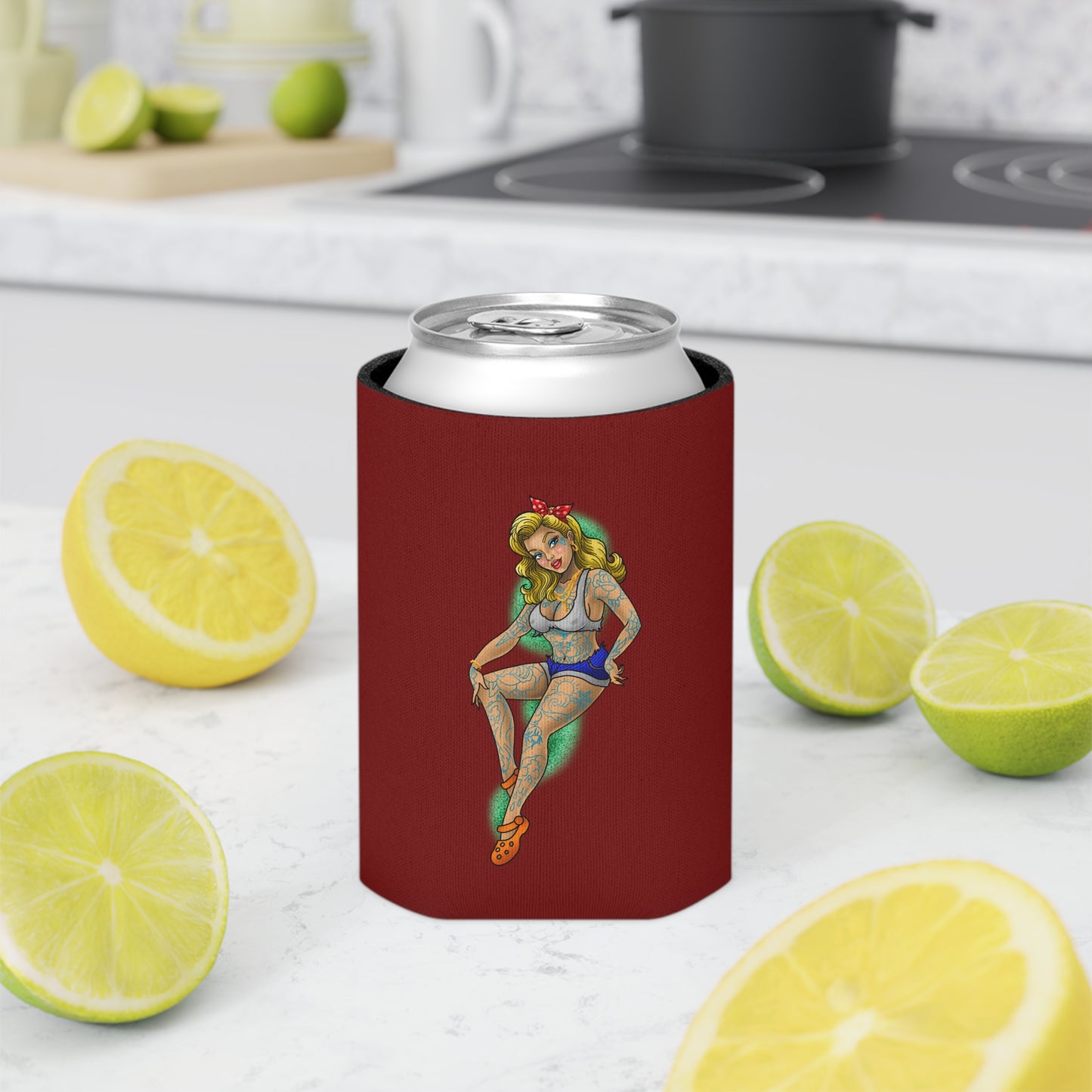 Tattoo Pin-Up Can Cooler – Retro Rockabilly Girl Beverage Koozie